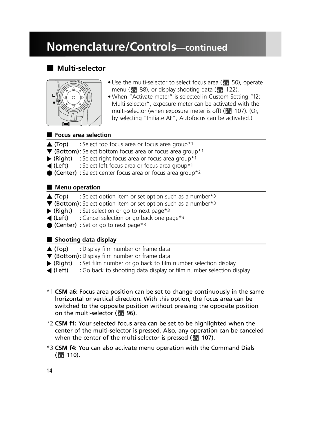 Nikon 1799 instruction manual Multi-selector, Focus area selection, Menu operation, Shooting data display 