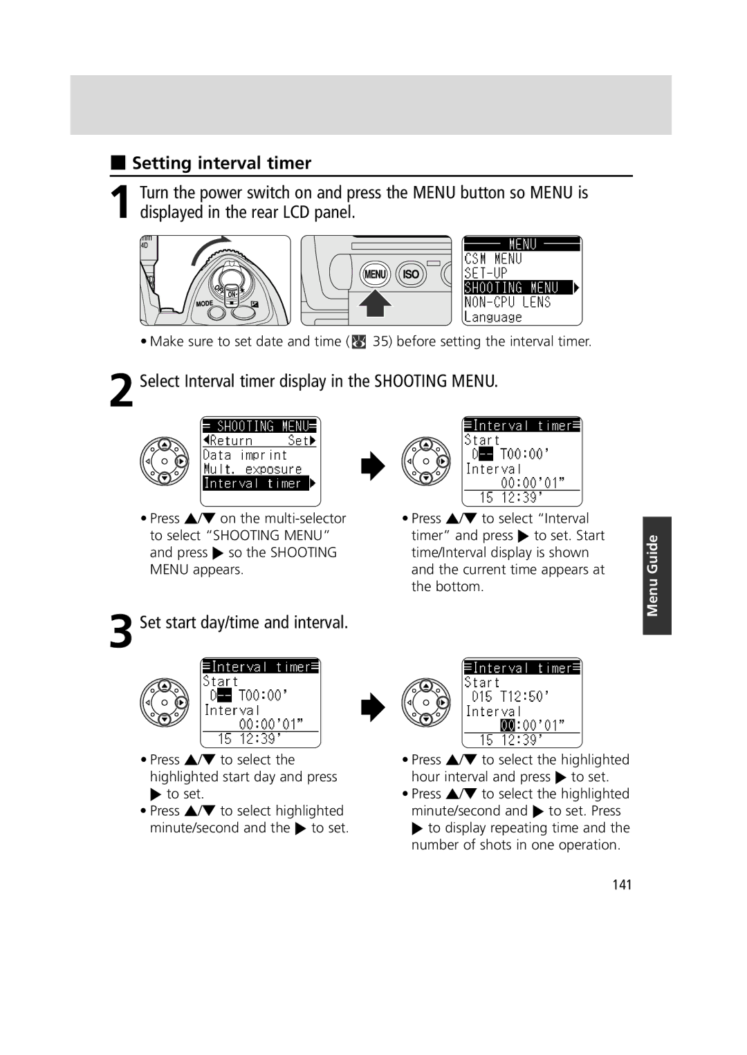 Nikon 1799 Setting interval timer, Select Interval timer display in the Shooting Menu, Set start day/time and interval 