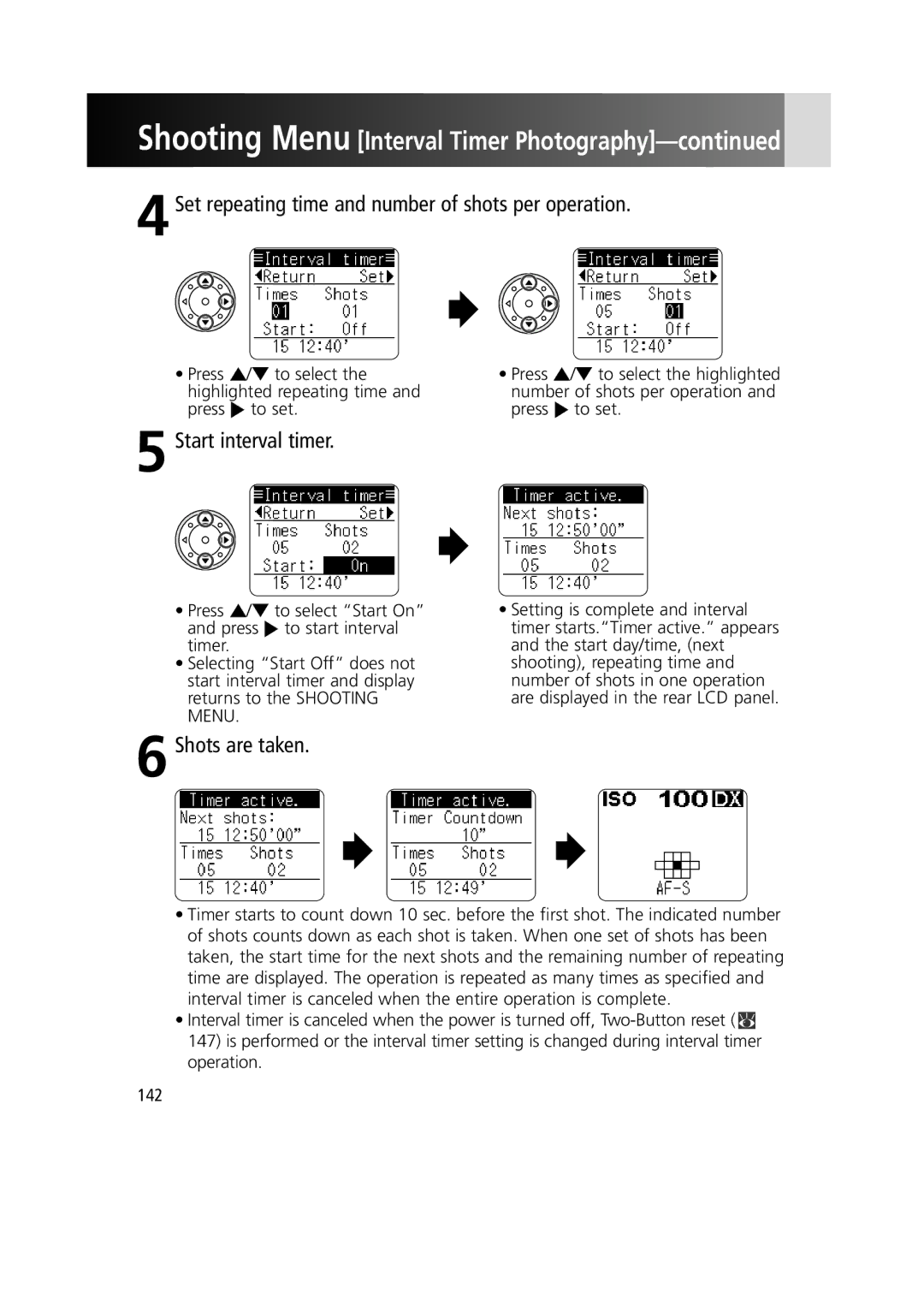 Nikon 1799 instruction manual 4Set repeating time and number of shots per operation, Start interval timer, Shots are taken 