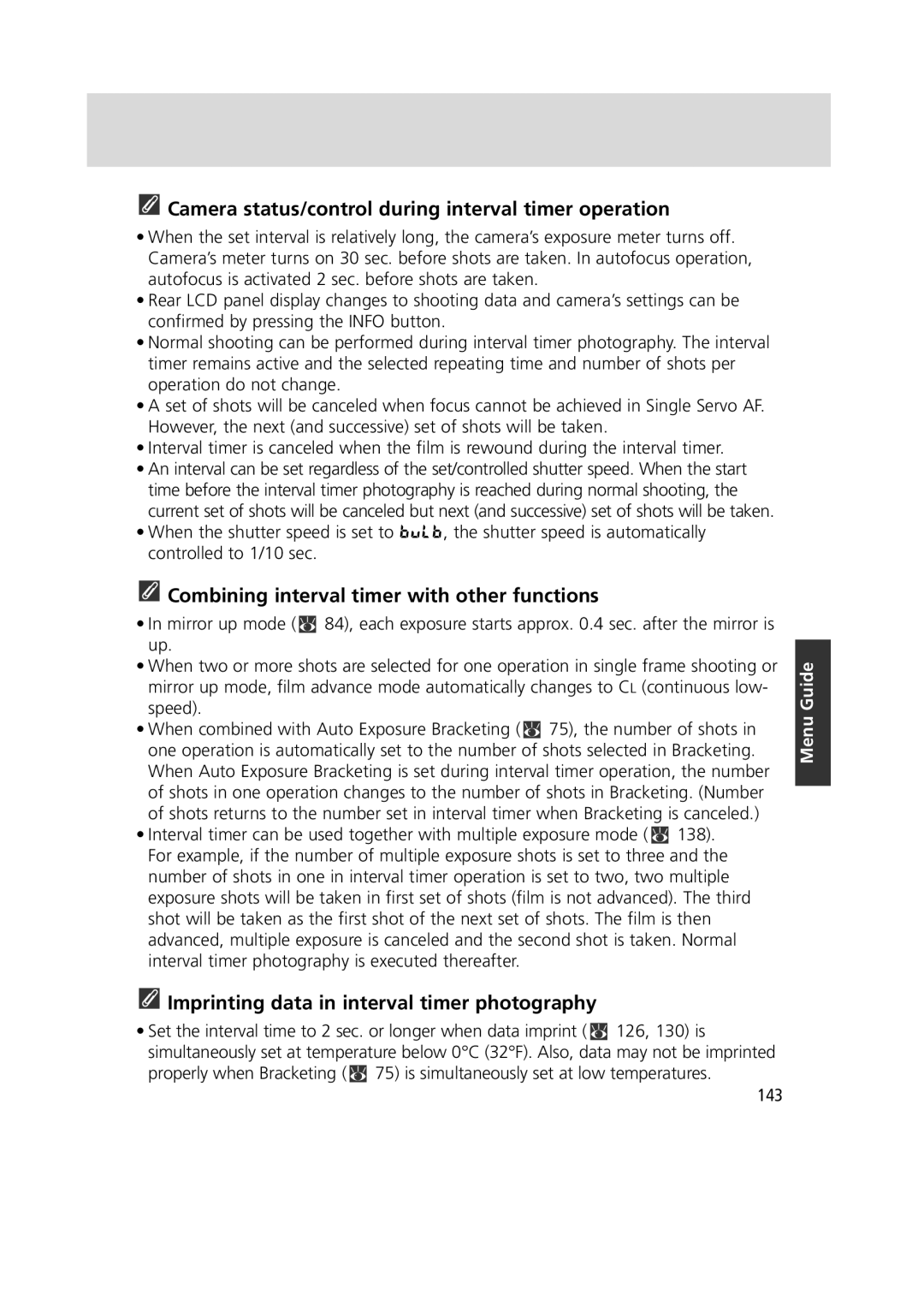 Nikon 1799 Camera status/control during interval timer operation, Combining interval timer with other functions, 143 