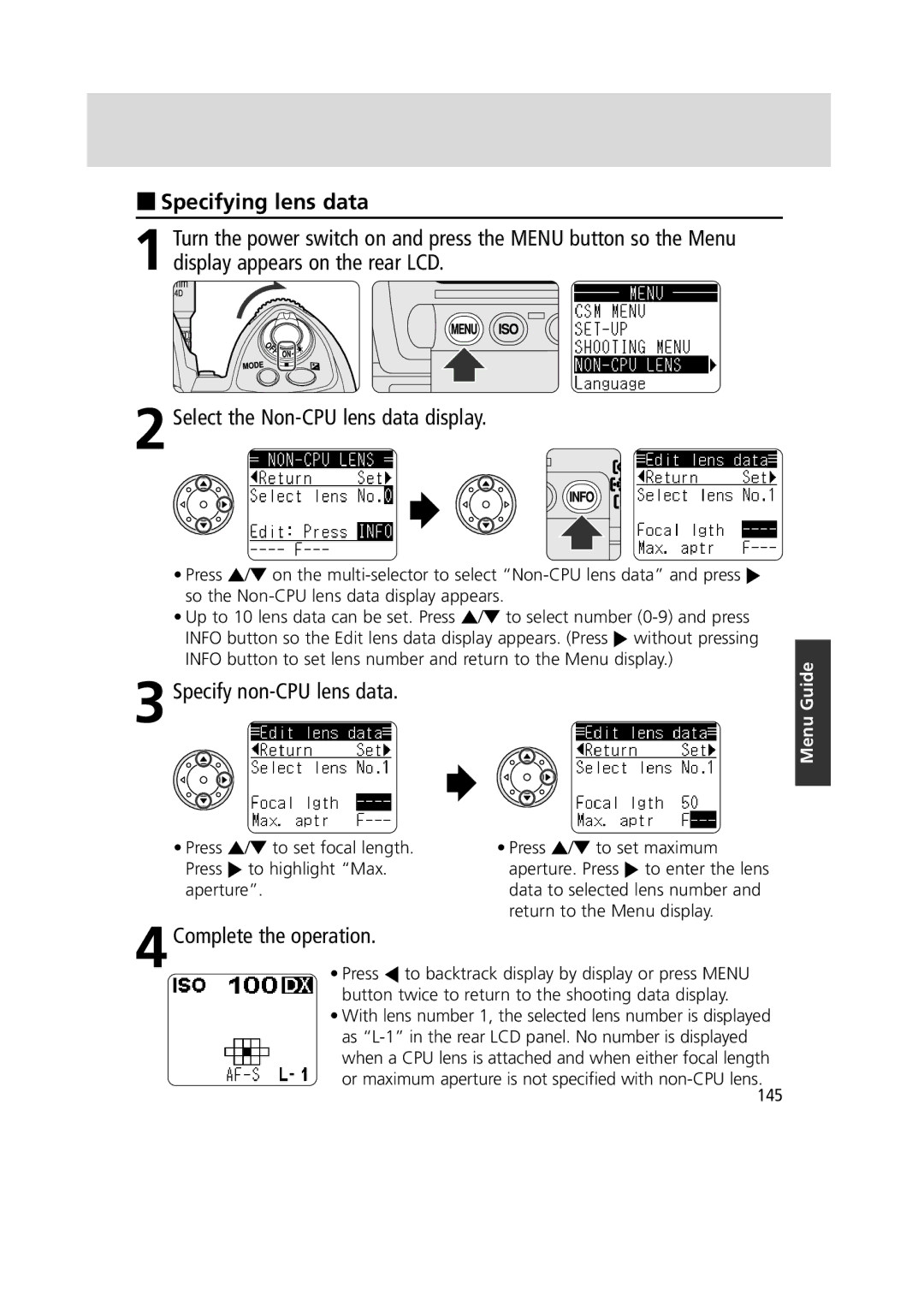 Nikon 1799 instruction manual Specifying lens data, Specify non-CPU lens data 