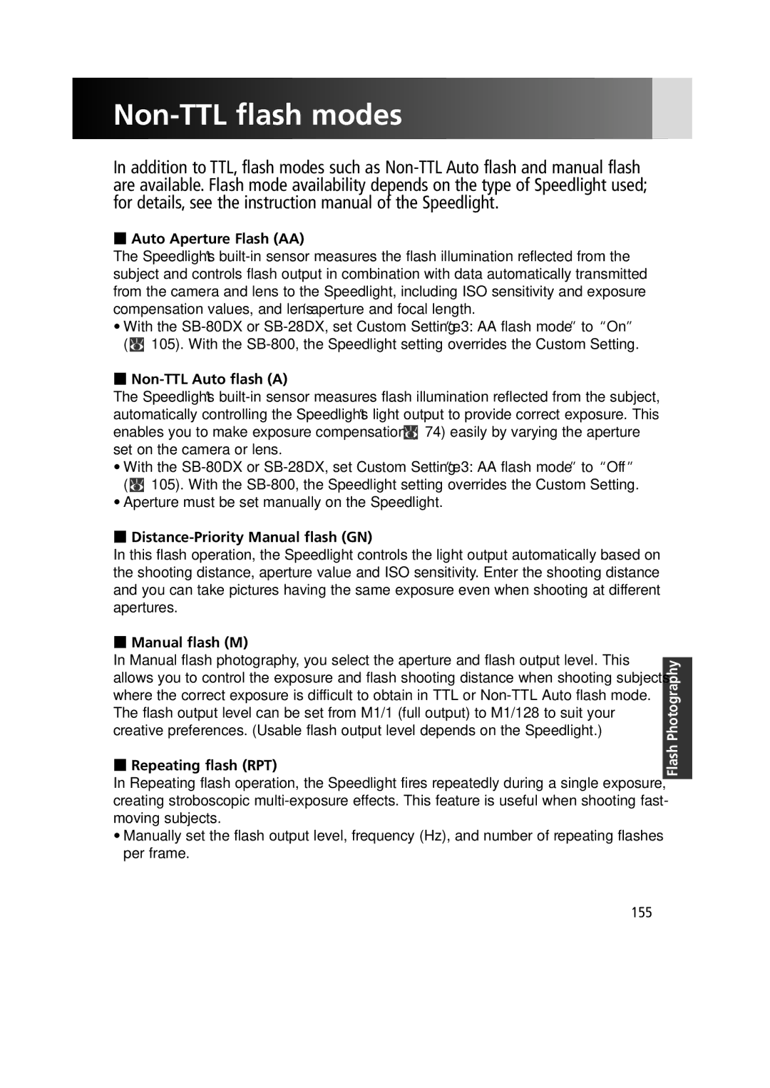 Nikon 1799 instruction manual Non-TTL flash modes 