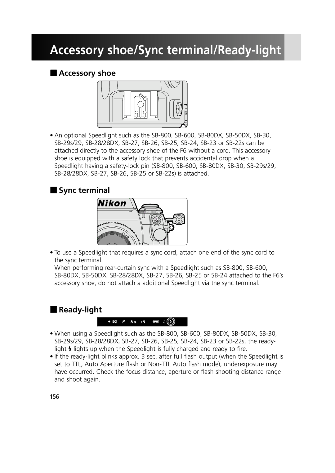 Nikon 1799 instruction manual Accessory shoe, Sync terminal, Ready-light 