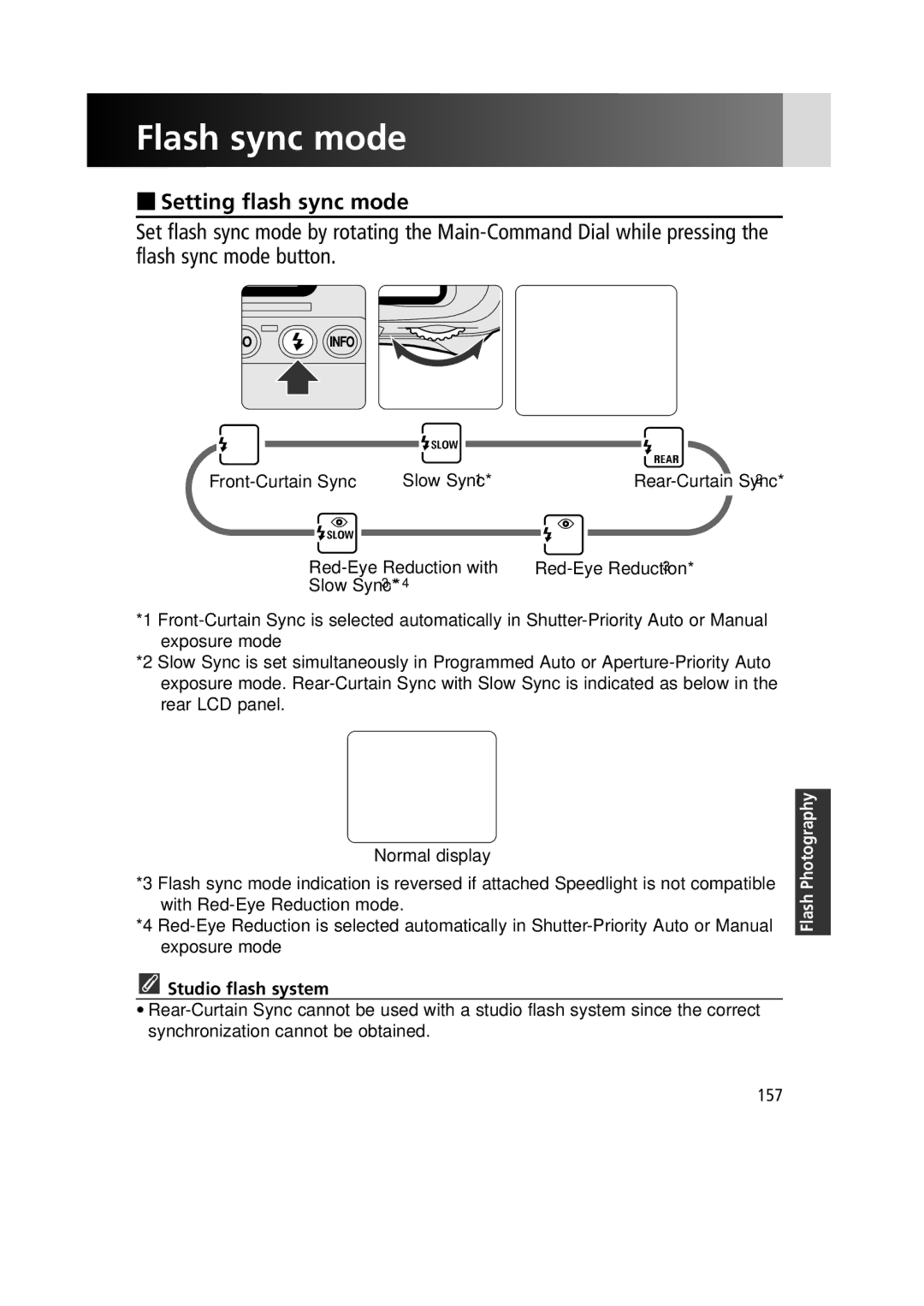 Nikon 1799 instruction manual Flash sync mode, Setting flash sync mode, Red-Eye Reduction with, Studio flash system 