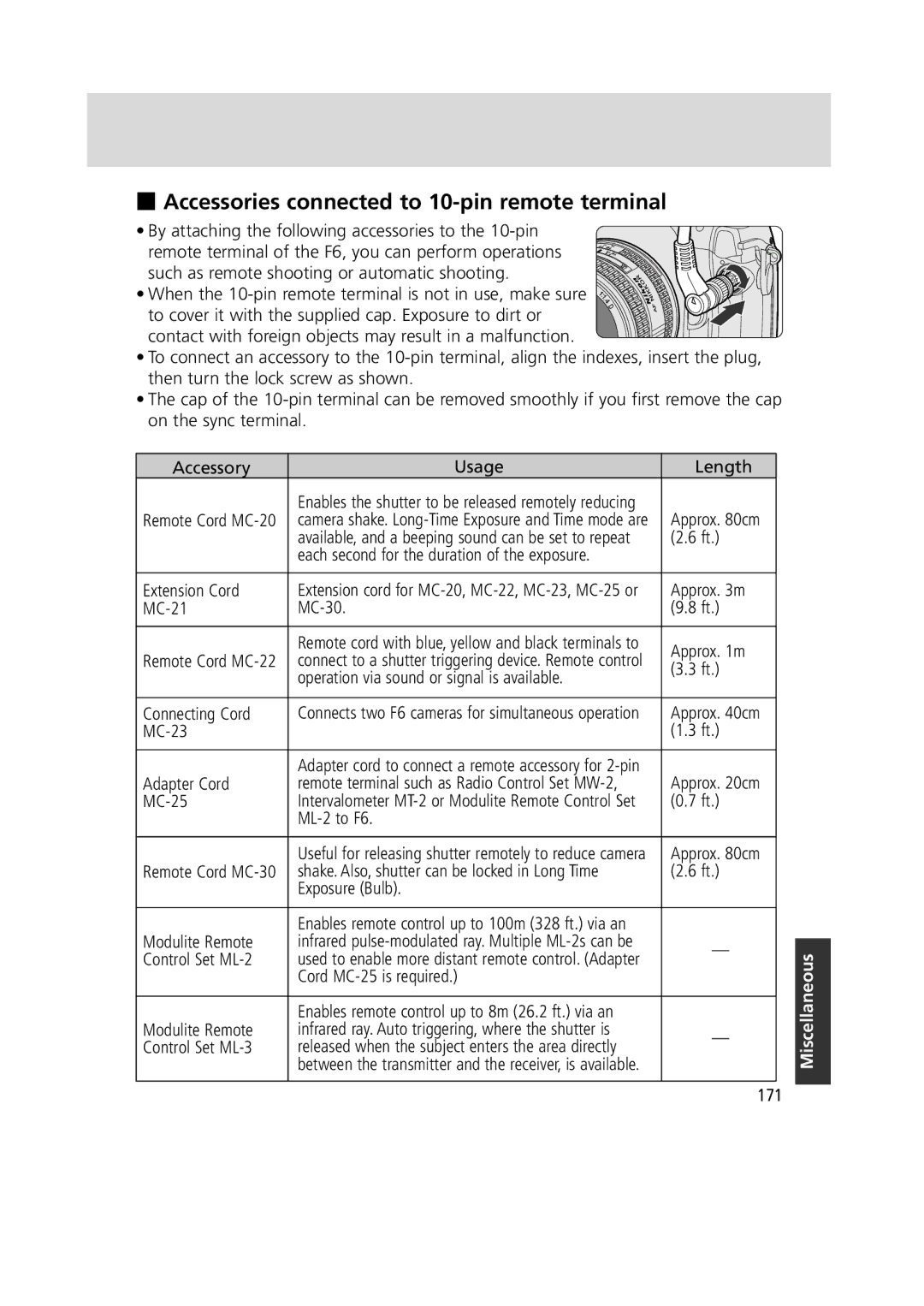 Nikon 1799 instruction manual Accessories connected to 10-pin remote terminal 