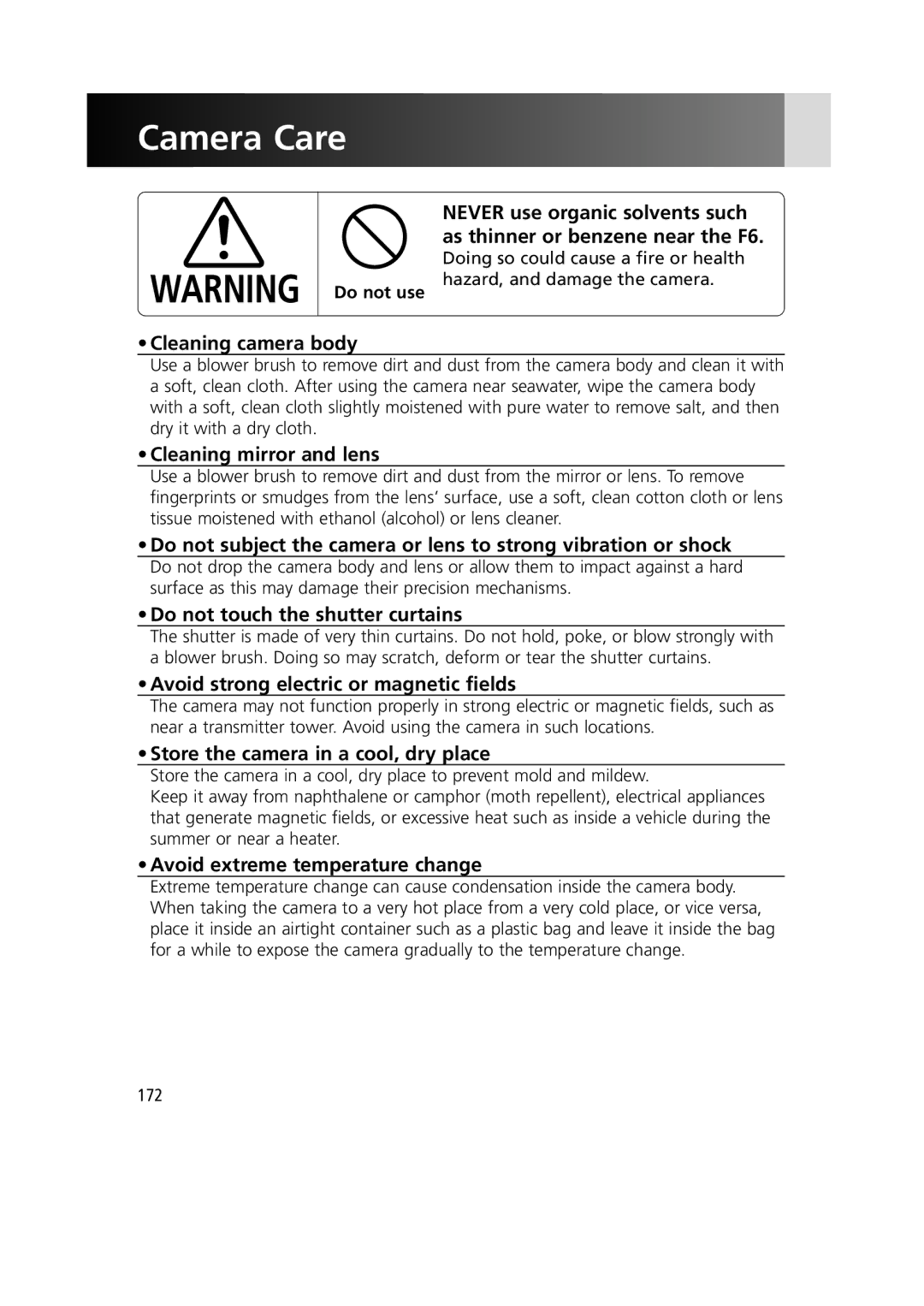 Nikon 1799 instruction manual Camera Care 