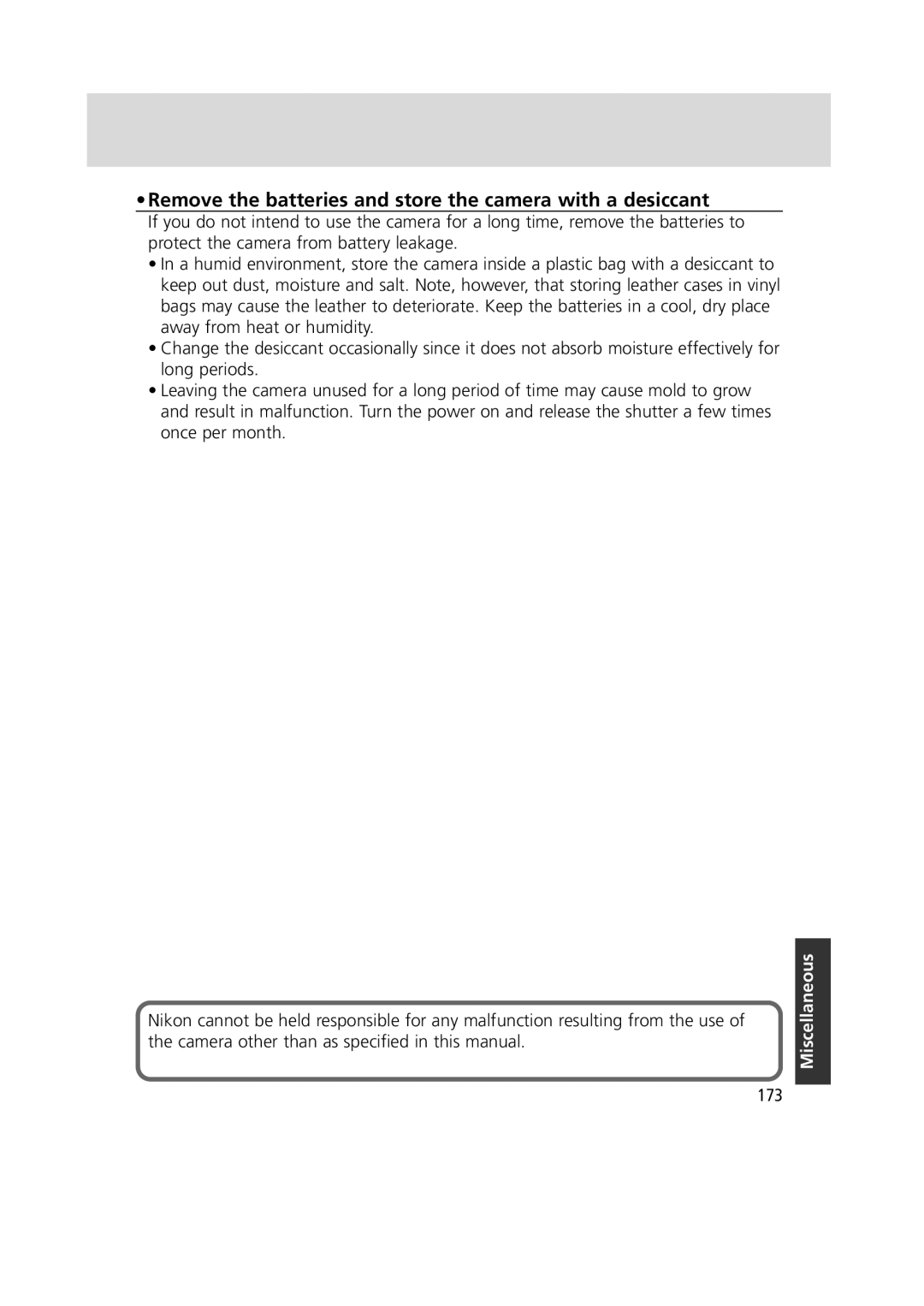 Nikon 1799 instruction manual Remove the batteries and store the camera with a desiccant, 173 