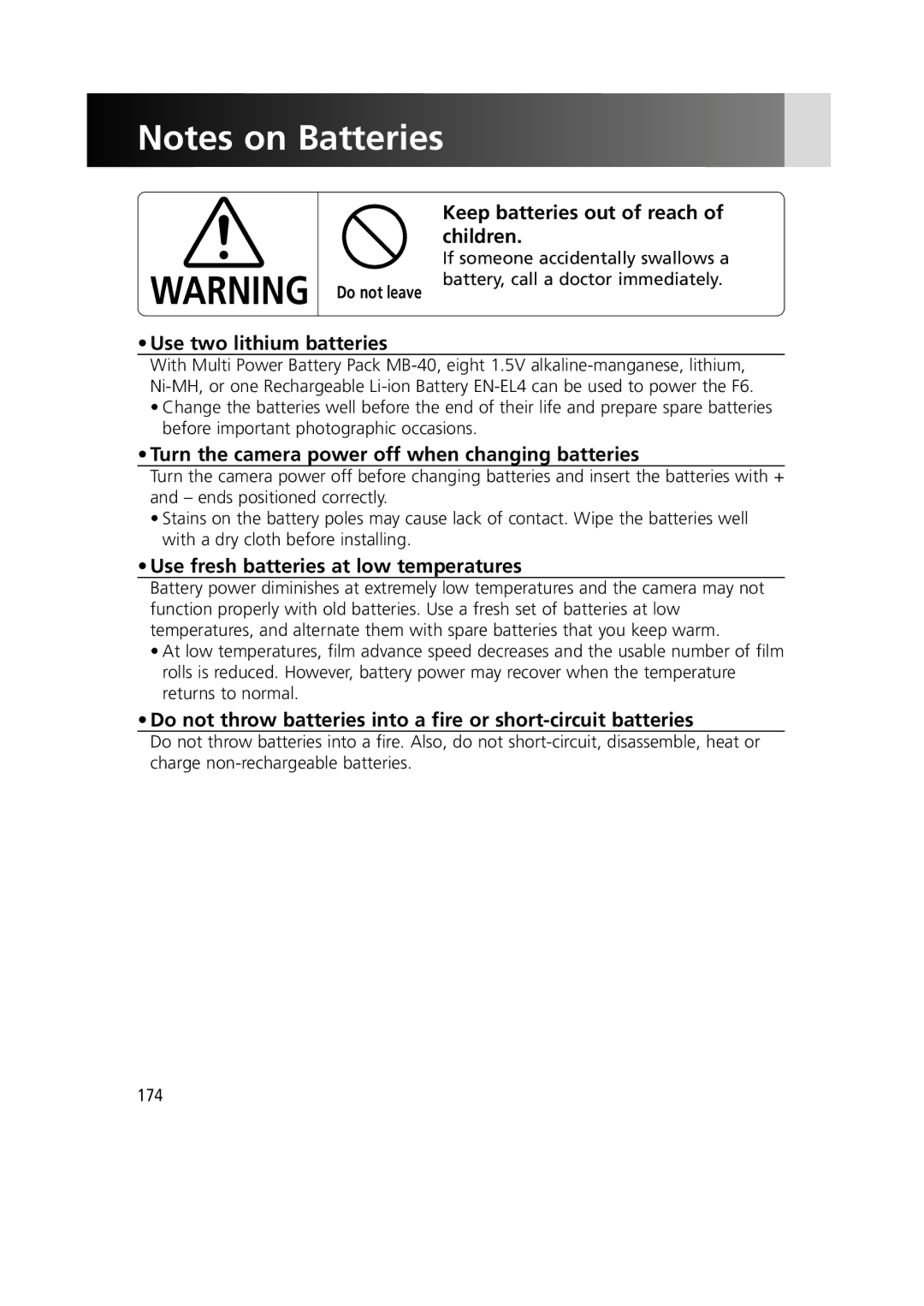 Nikon 1799 Keep batteries out of reach of children, Use two lithium batteries, Use fresh batteries at low temperatures 