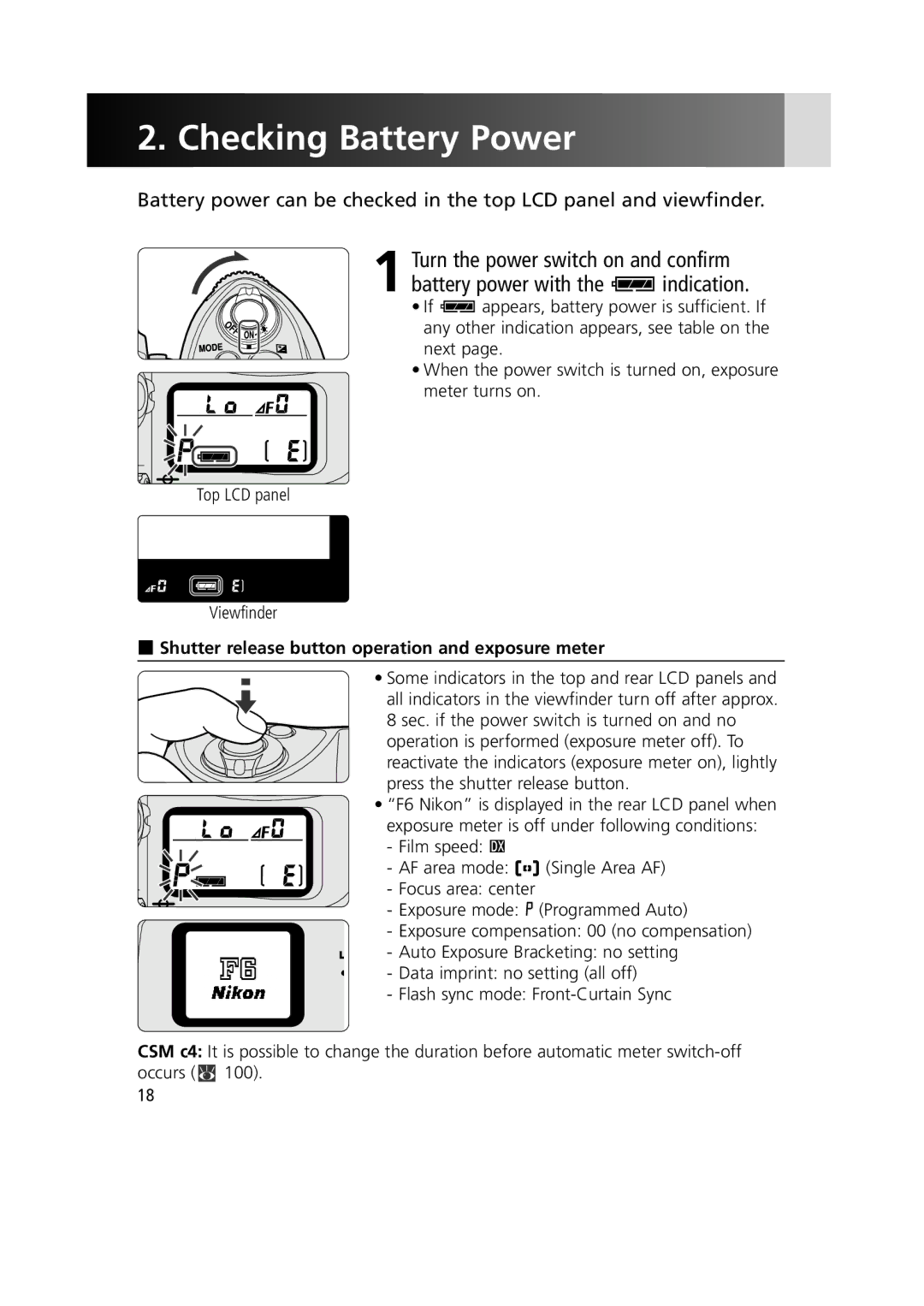 Nikon 1799 instruction manual Checking Battery Power, Shutter release button operation and exposure meter 