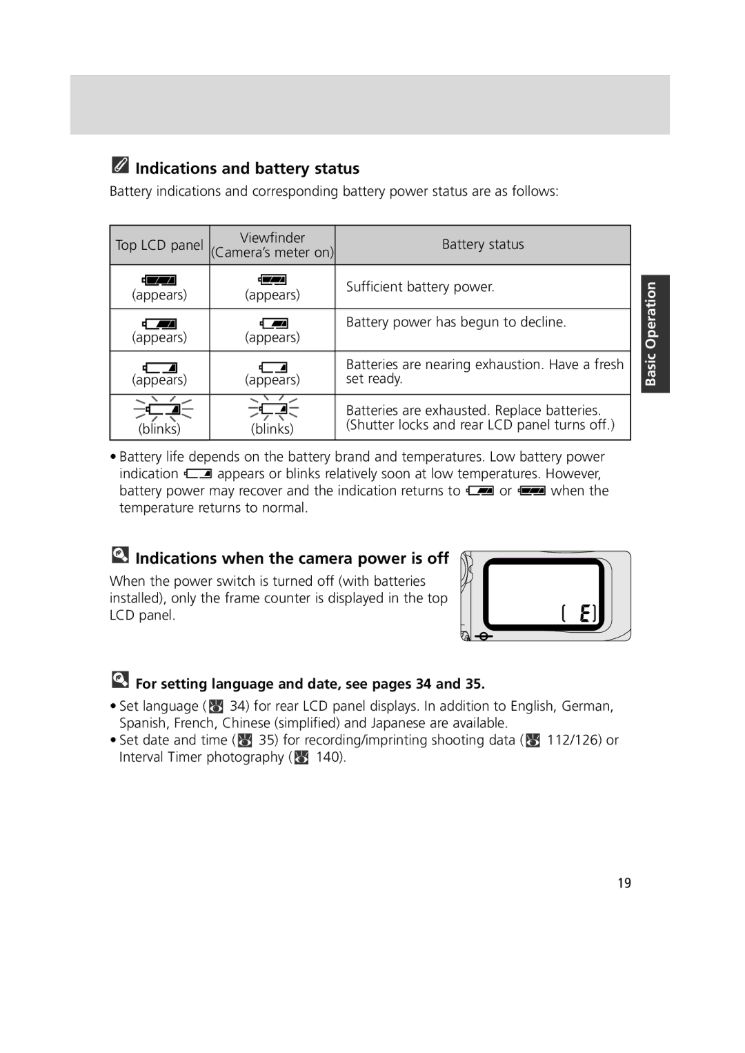 Nikon 1799 instruction manual Indications and battery status, Indications when the camera power is off 