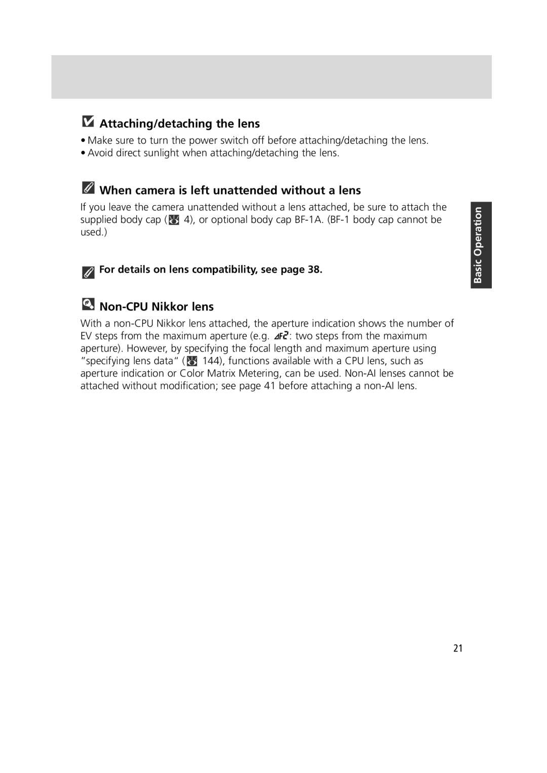 Nikon 1799 Attaching/detaching the lens, When camera is left unattended without a lens, Non-CPU Nikkor lens 