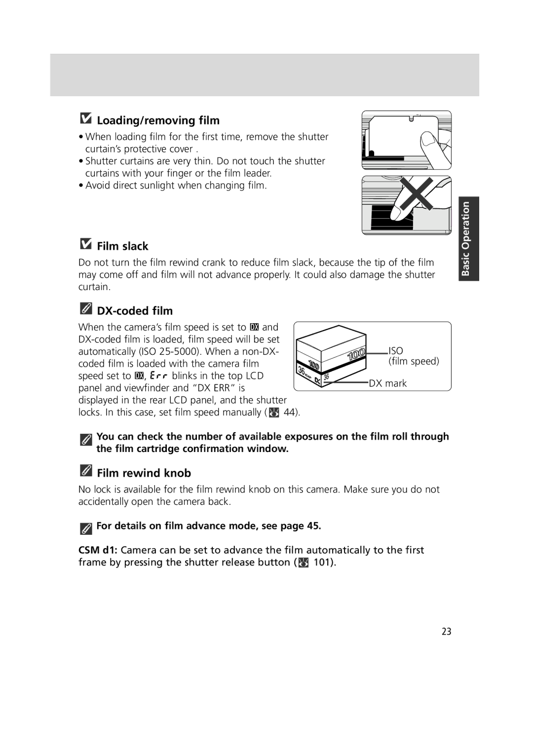 Nikon 1799 Loading/removing film, Film slack, DX-coded film, Film rewind knob, For details on film advance mode, see 