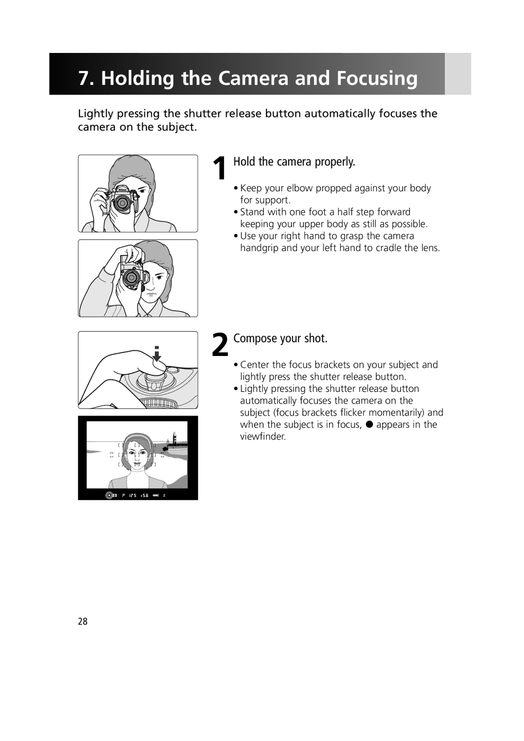 Nikon 1799 instruction manual Holding the Camera and Focusing, Hold the camera properly, Compose your shot 