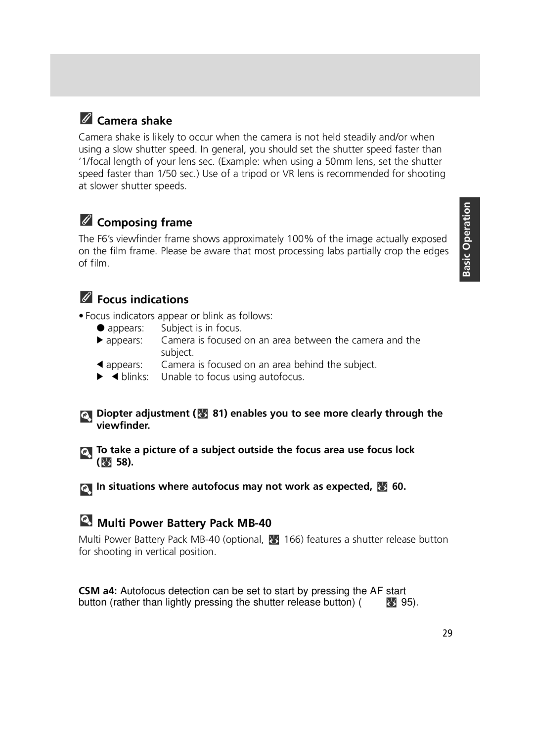 Nikon 1799 instruction manual Camera shake, Composing frame, Focus indications, Multi Power Battery Pack MB-40, Subject 