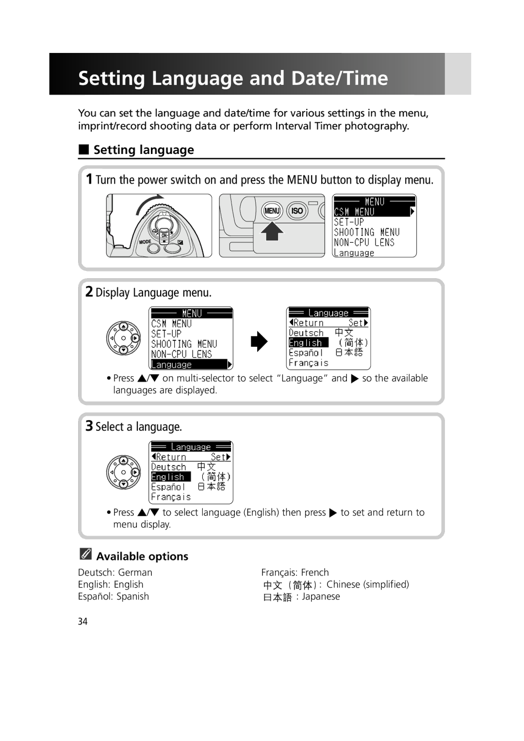 Nikon 1799 Setting Language and Date/Time, Setting language, Display Language menu, Select a language, Available options 