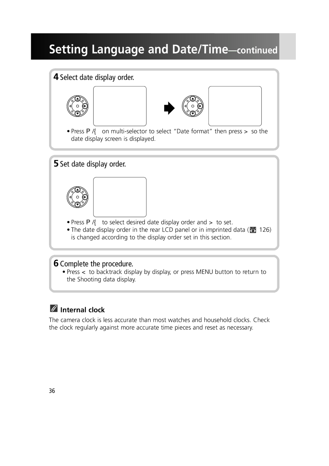 Nikon 1799 instruction manual Select date display order, Set date display order, Complete the procedure, Internal clock 