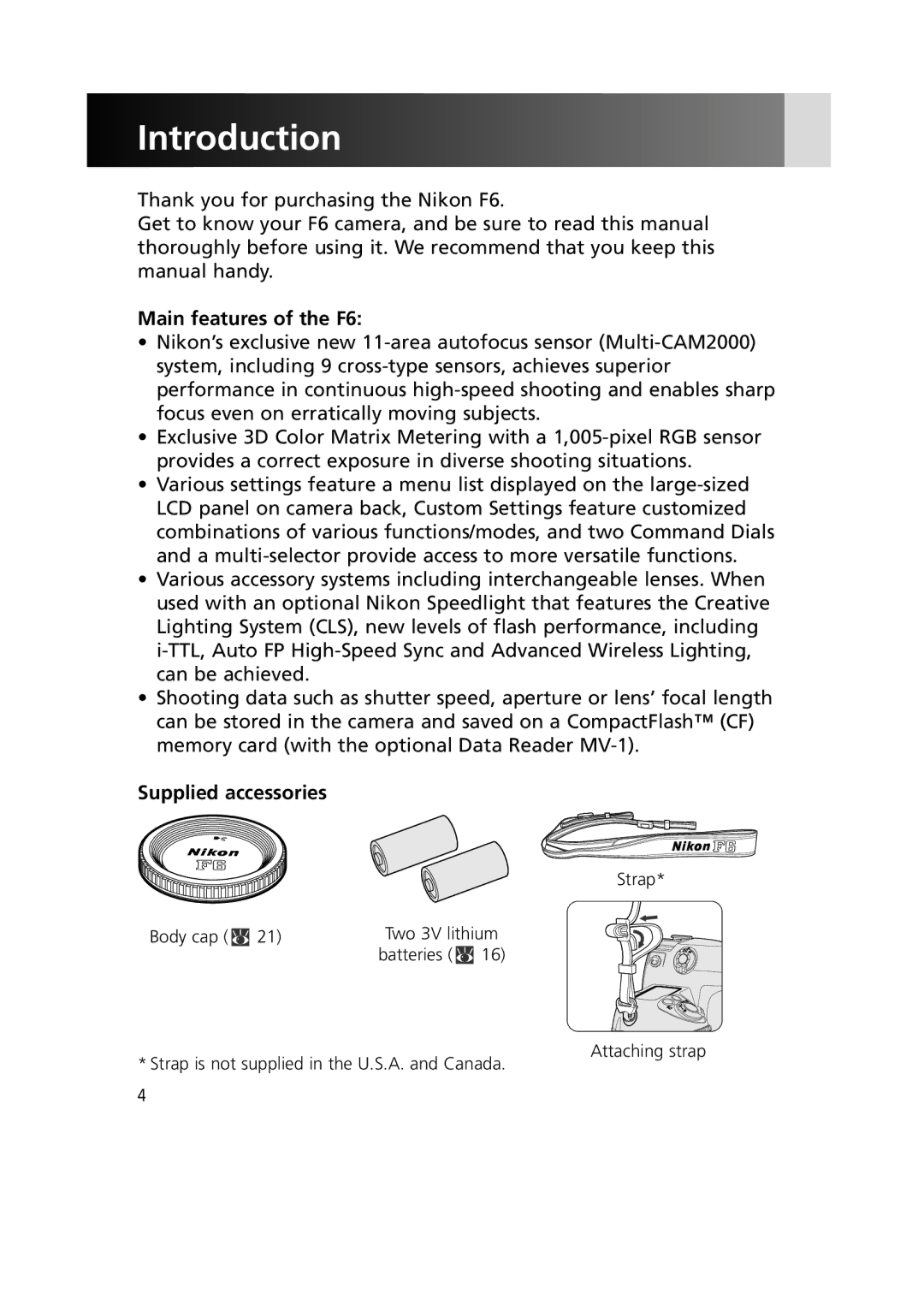 Nikon 1799 instruction manual Introduction, Main features of the F6, Supplied accessories, Body cap, Batteries 