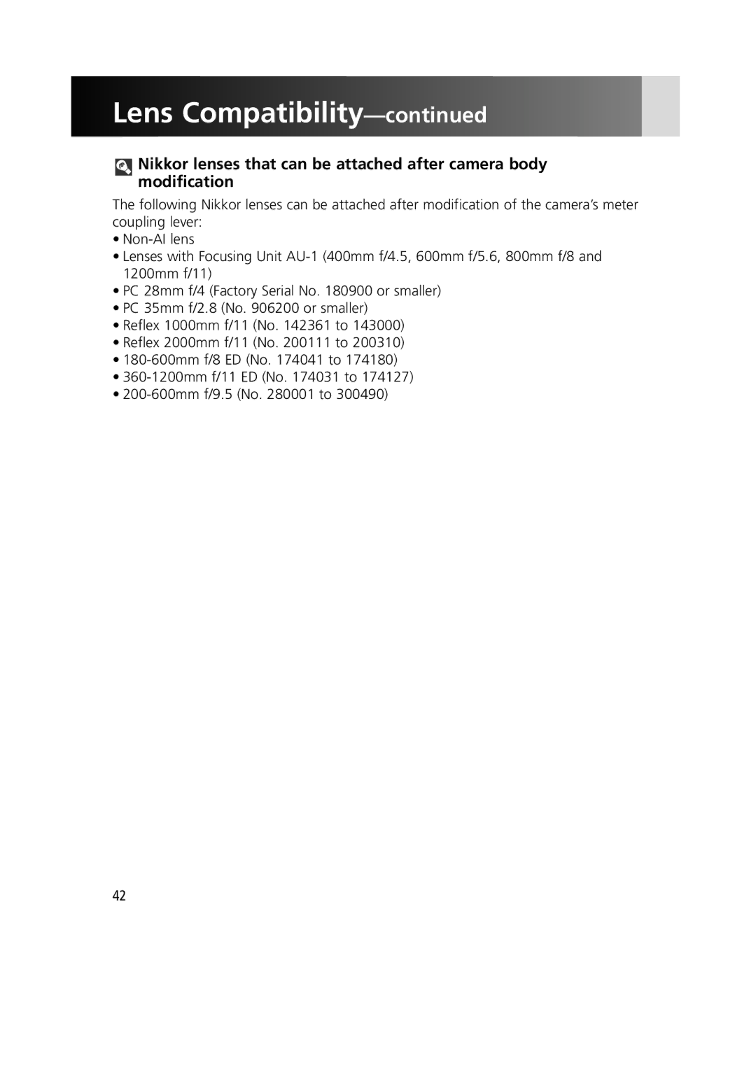 Nikon 1799 instruction manual Lens Compatibility 