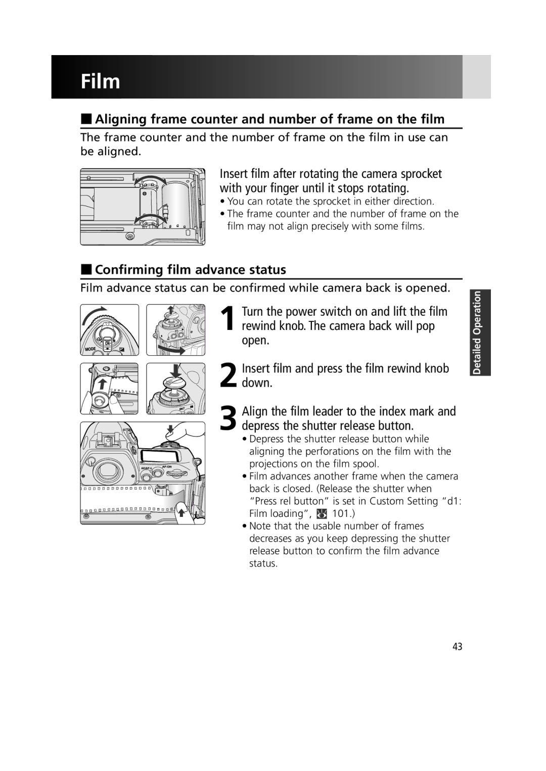 Nikon 1799 instruction manual Film, Aligning frame counter and number of frame on the film, Confirming film advance status 