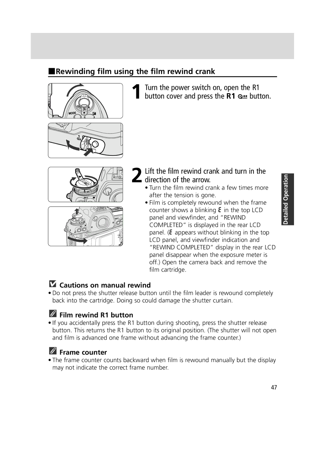 Nikon 1799 instruction manual Rewinding film using the film rewind crank, Film rewind R1 button, Frame counter 