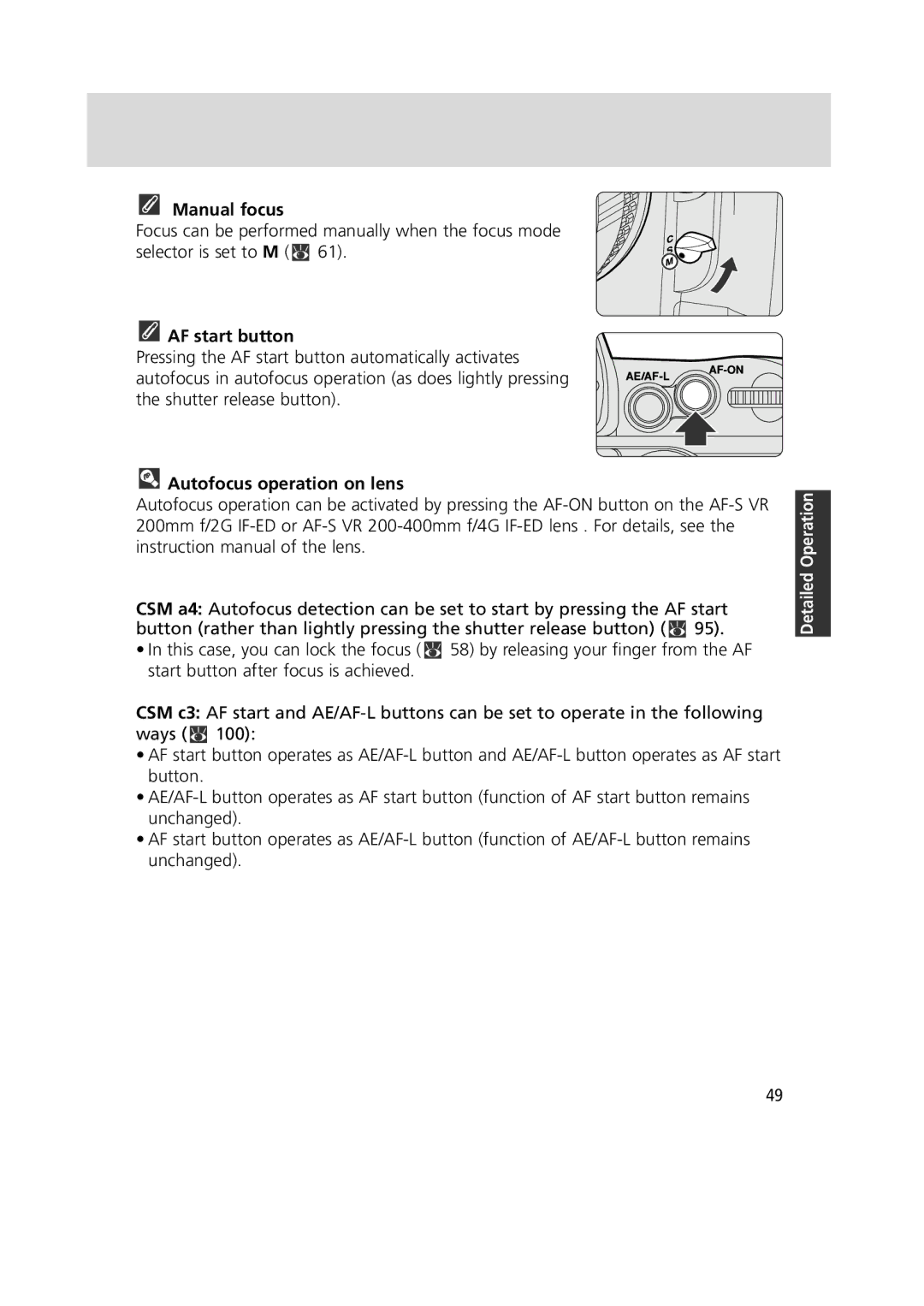 Nikon 1799 instruction manual Manual focus, AF start button, Autofocus operation on lens 