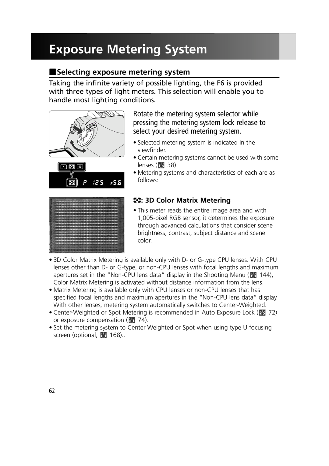 Nikon 1799 instruction manual Exposure Metering System, Selecting exposure metering system, 3D Color Matrix Metering 