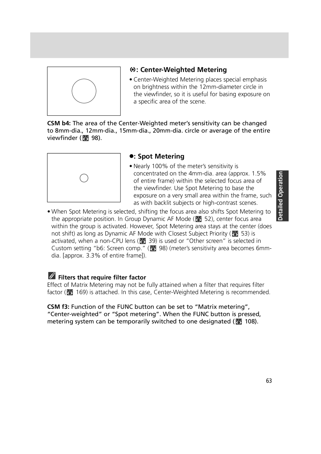 Nikon 1799 instruction manual Center-Weighted Metering, Spot Metering, Filters that require filter factor 