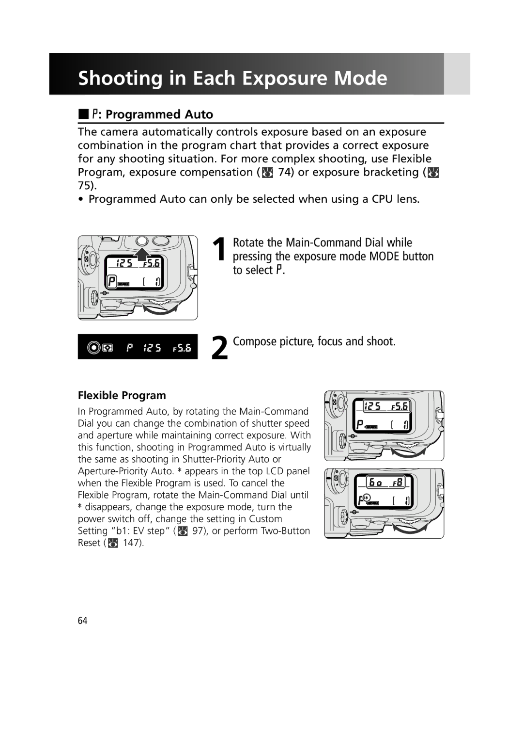 Nikon 1799 instruction manual Shooting in Each Exposure Mode, ¡ Programmed Auto, Flexible Program 