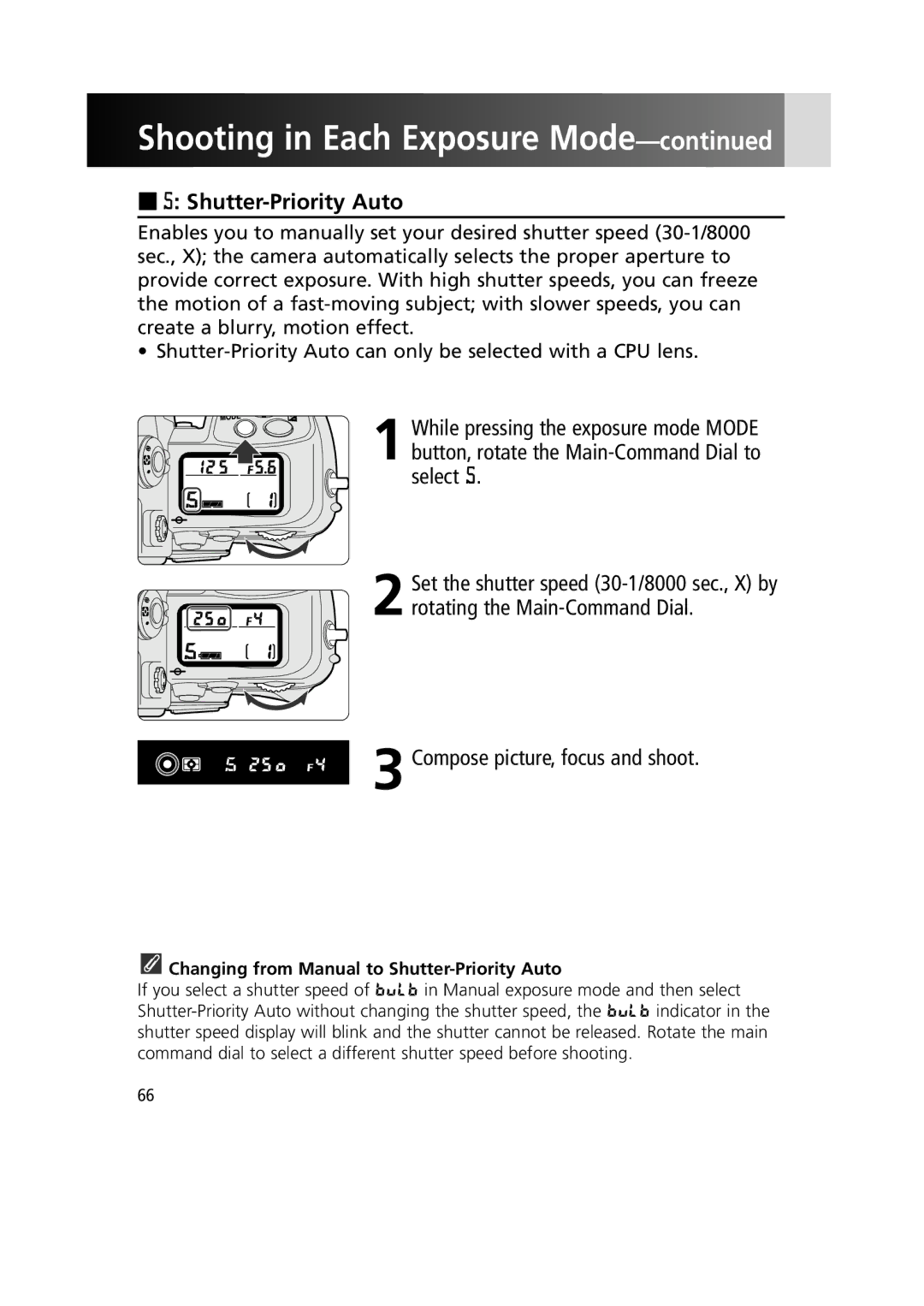 Nikon 1799 instruction manual Changing from Manual to Shutter-Priority Auto 