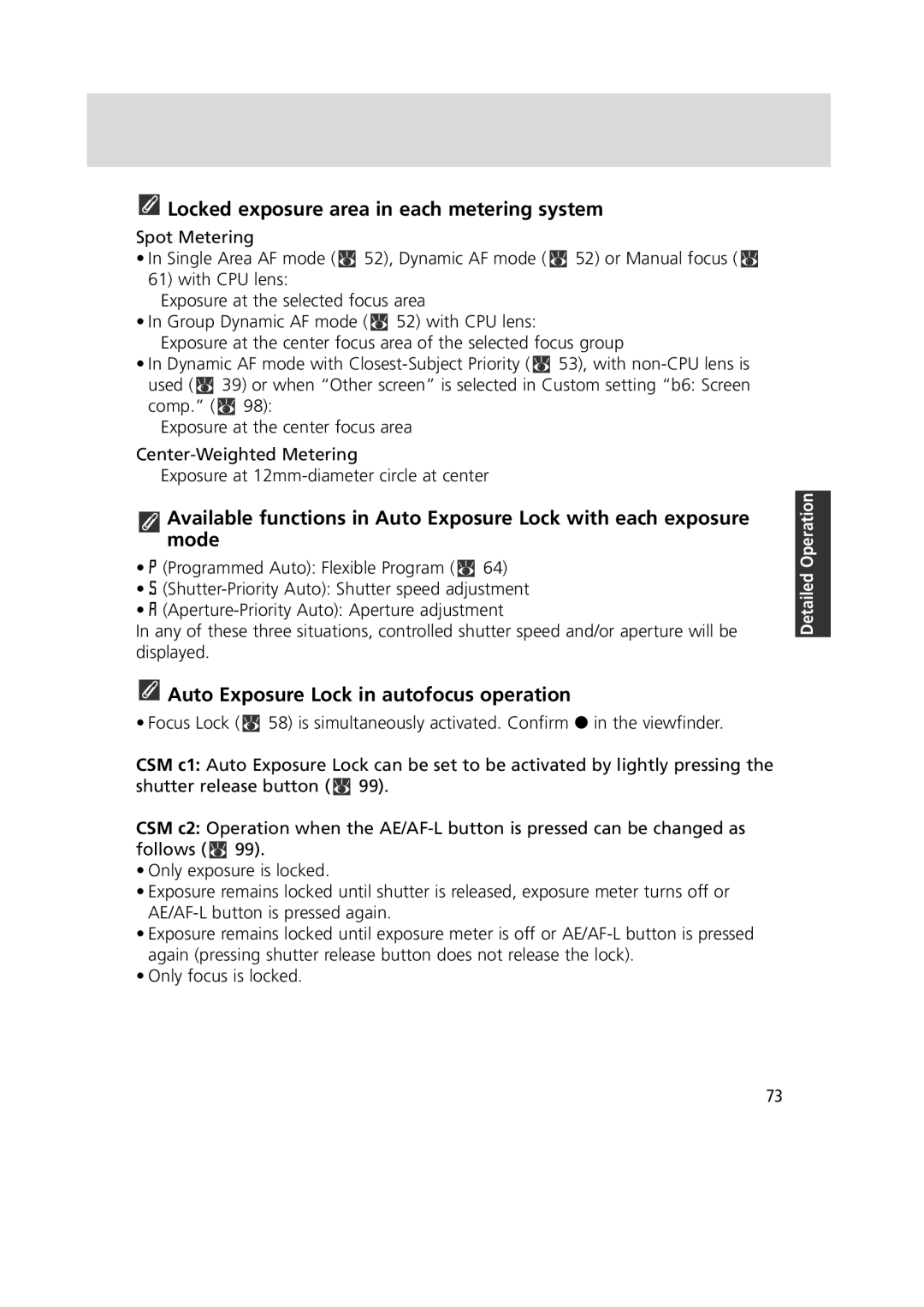 Nikon 1799 instruction manual Locked exposure area in each metering system, Auto Exposure Lock in autofocus operation 