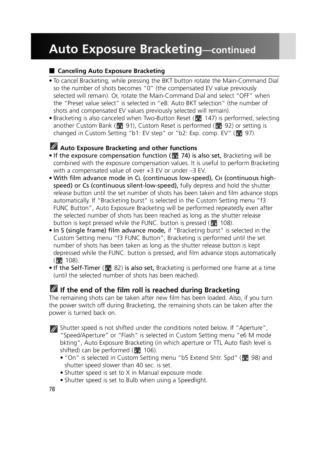 Nikon 1799 instruction manual If the end of the film roll is reached during Bracketing, Canceling Auto Exposure Bracketing 