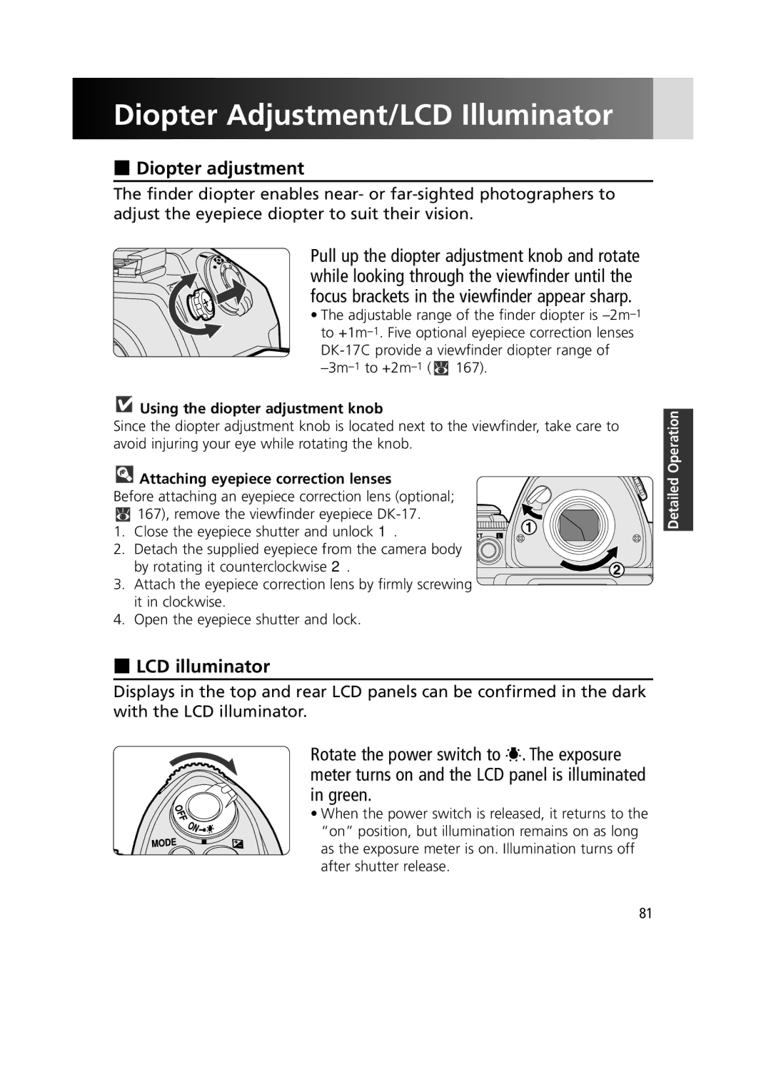 Nikon 1799 Diopter Adjustment/LCD Illuminator, Diopter adjustment, LCD illuminator, Using the diopter adjustment knob 