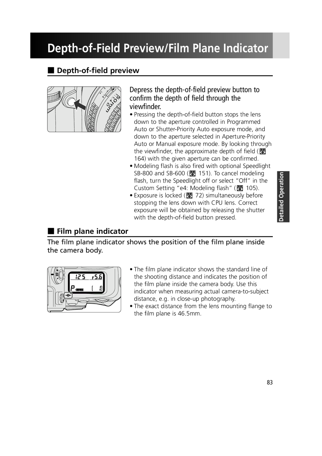 Nikon 1799 instruction manual Depth-of-field preview, Film plane indicator, With the given aperture can be confirmed 