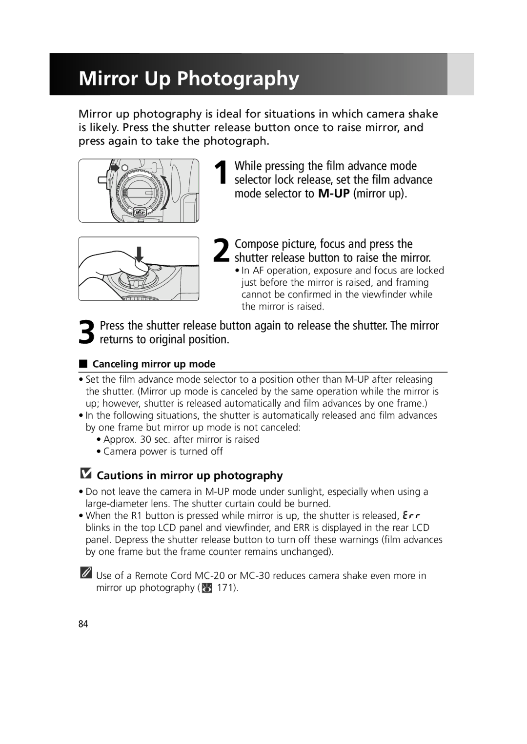 Nikon 1799 instruction manual Mirror Up Photography, Canceling mirror up mode 