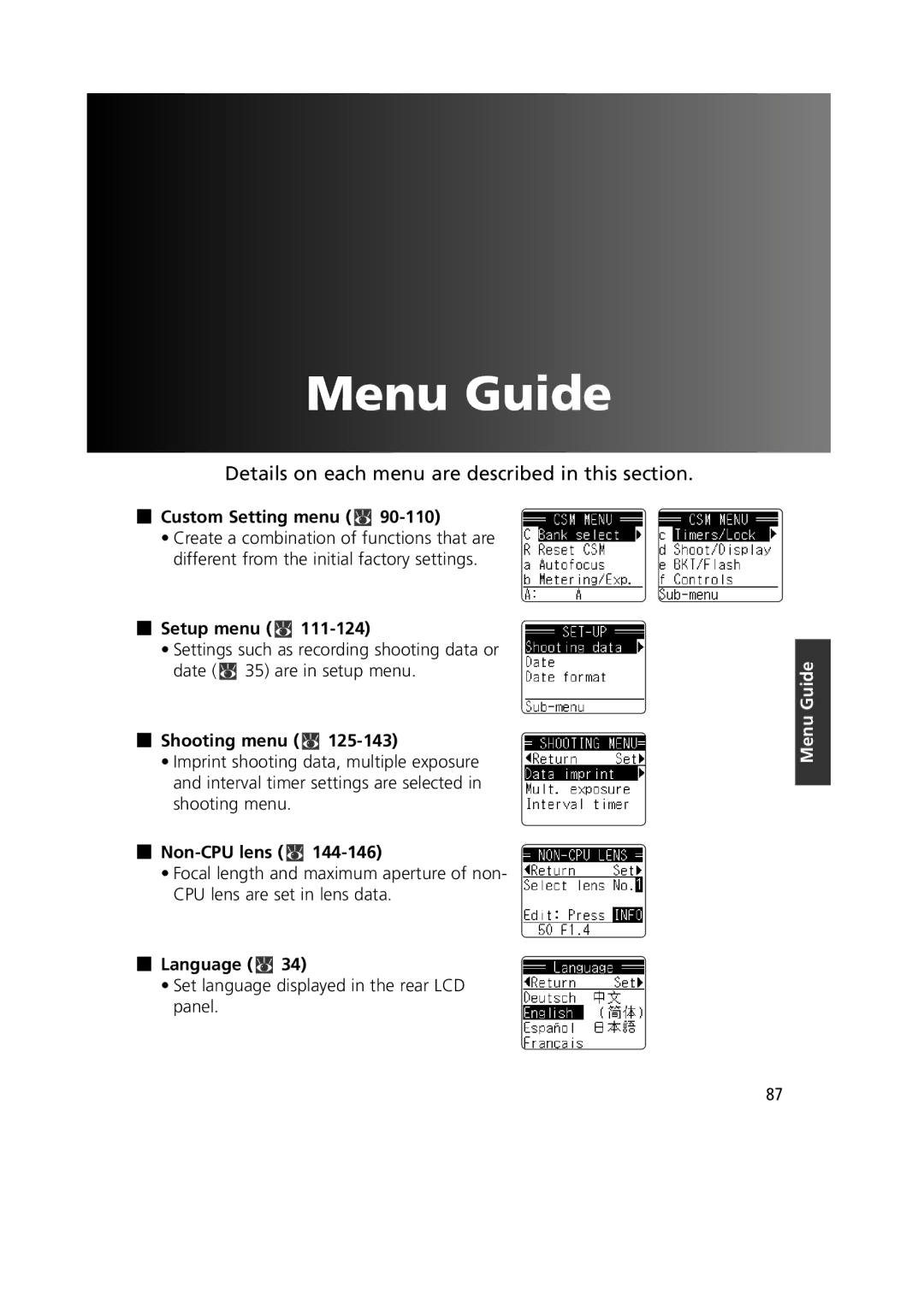 Nikon 1799 instruction manual Custom Setting menu x, Setup menu x, Shooting menu x, Non-CPU lens x, Language x 