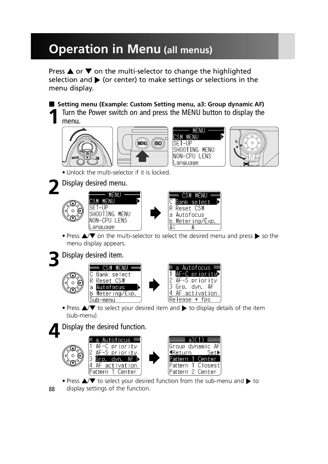 Nikon 1799 Operation in Menu all menus, Display desired menu, Display desired item, 4Display the desired function 