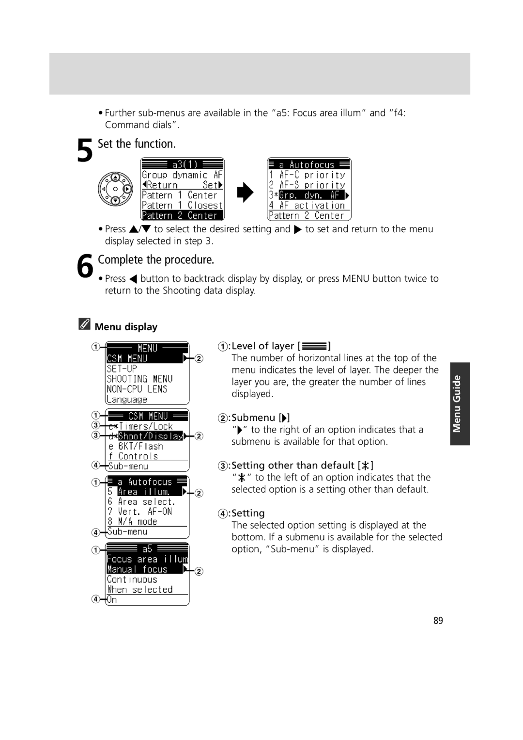 Nikon 1799 instruction manual Set the function, Return to the Shooting data display, Menu display 