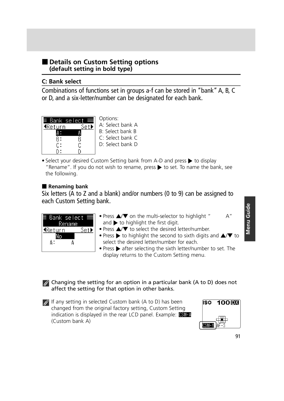 Nikon 1799 instruction manual Details on Custom Setting options, Default setting in bold type Bank select, Renaming bank 