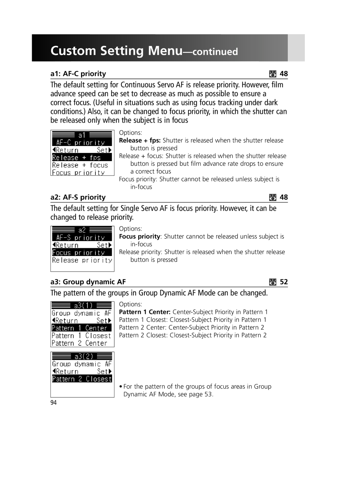 Nikon 1799 instruction manual A1 AF-C priority, A2 AF-S priority, A3 Group dynamic AF 