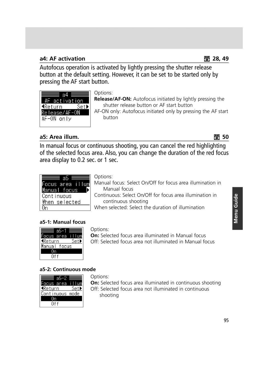 Nikon 1799 instruction manual A4 AF activation, A5 Area illum, A5-1 Manual focus, A5-2 Continuous mode 