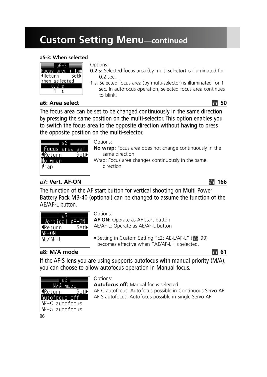 Nikon 1799 instruction manual A6 Area select, A7 Vert. AF-ON 166, A8 M/A mode, A5-3 When selected 