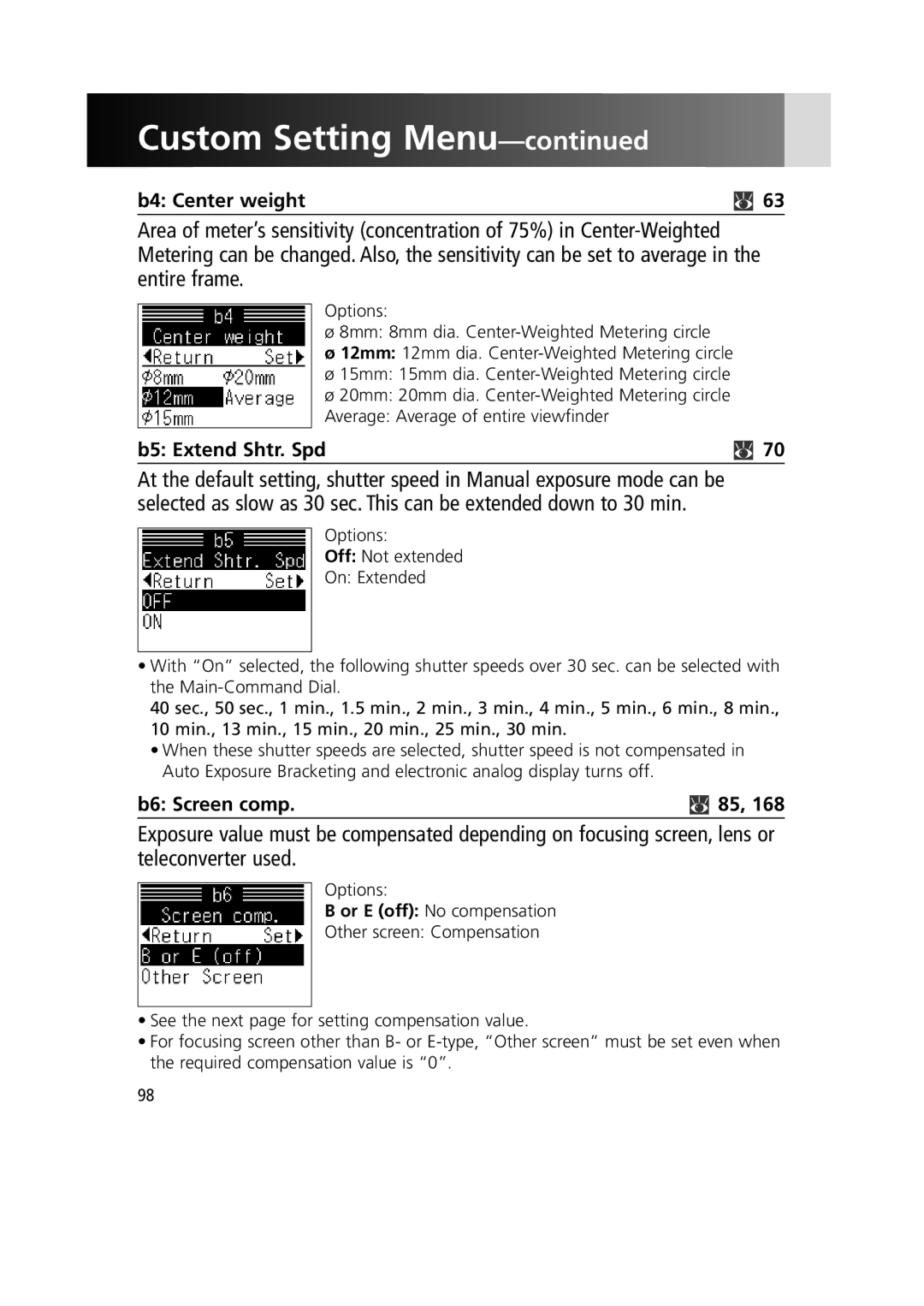 Nikon 1799 instruction manual B4 Center weight, B5 Extend Shtr. Spd, B6 Screen comp 