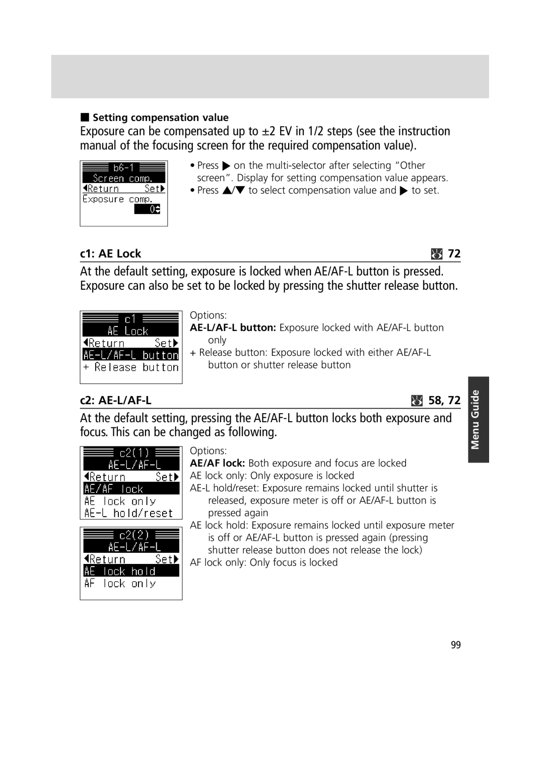 Nikon 1799 C1 AE Lock, C2 AE-L/AF-L, Setting compensation value, Press P/ to select compensation value and to set 