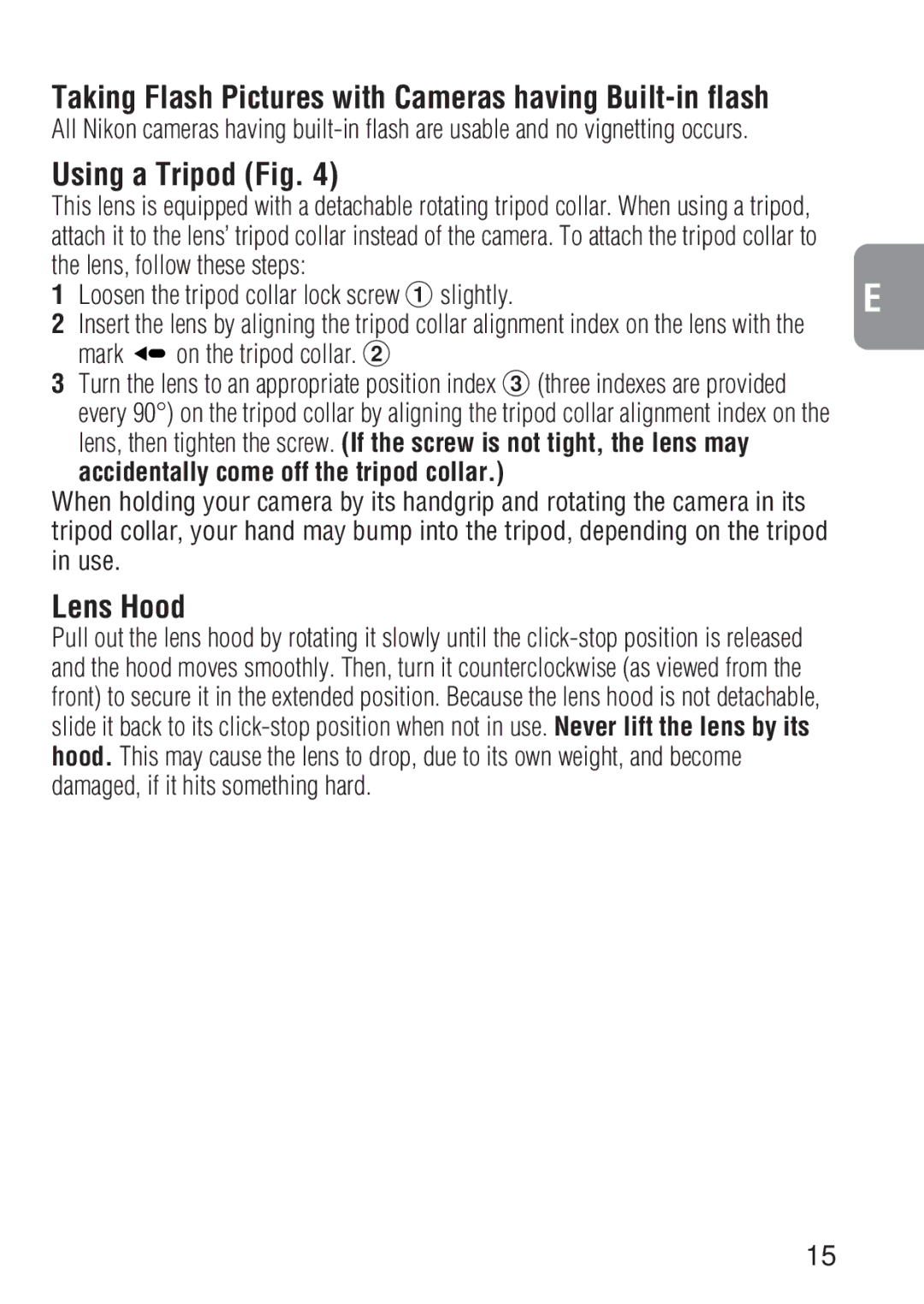 Nikon 1909 instruction manual Using a Tripod Fig, Lens Hood, Mark on the tripod collar 