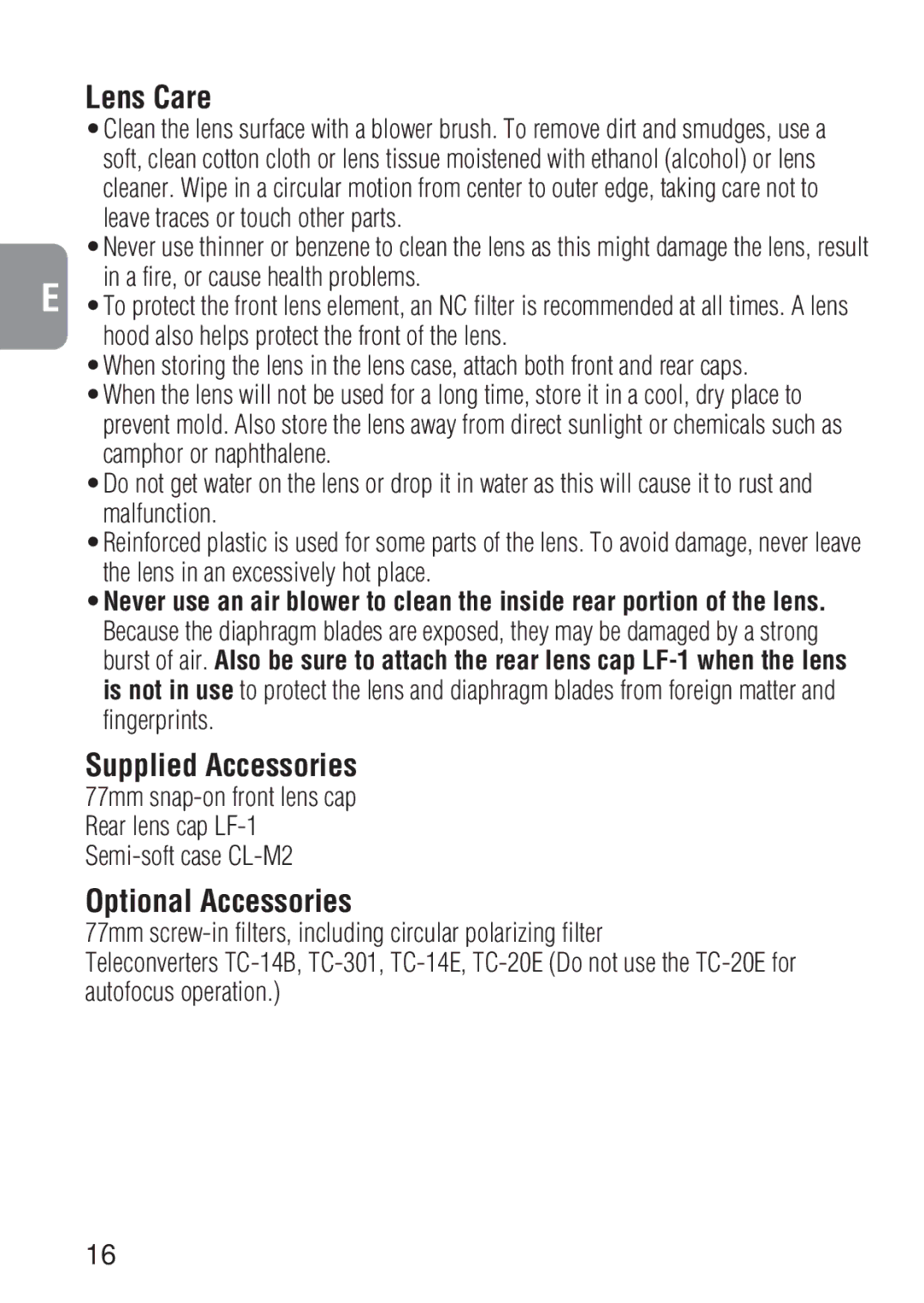 Nikon 1909 instruction manual Lens Care, Optional Accessories 