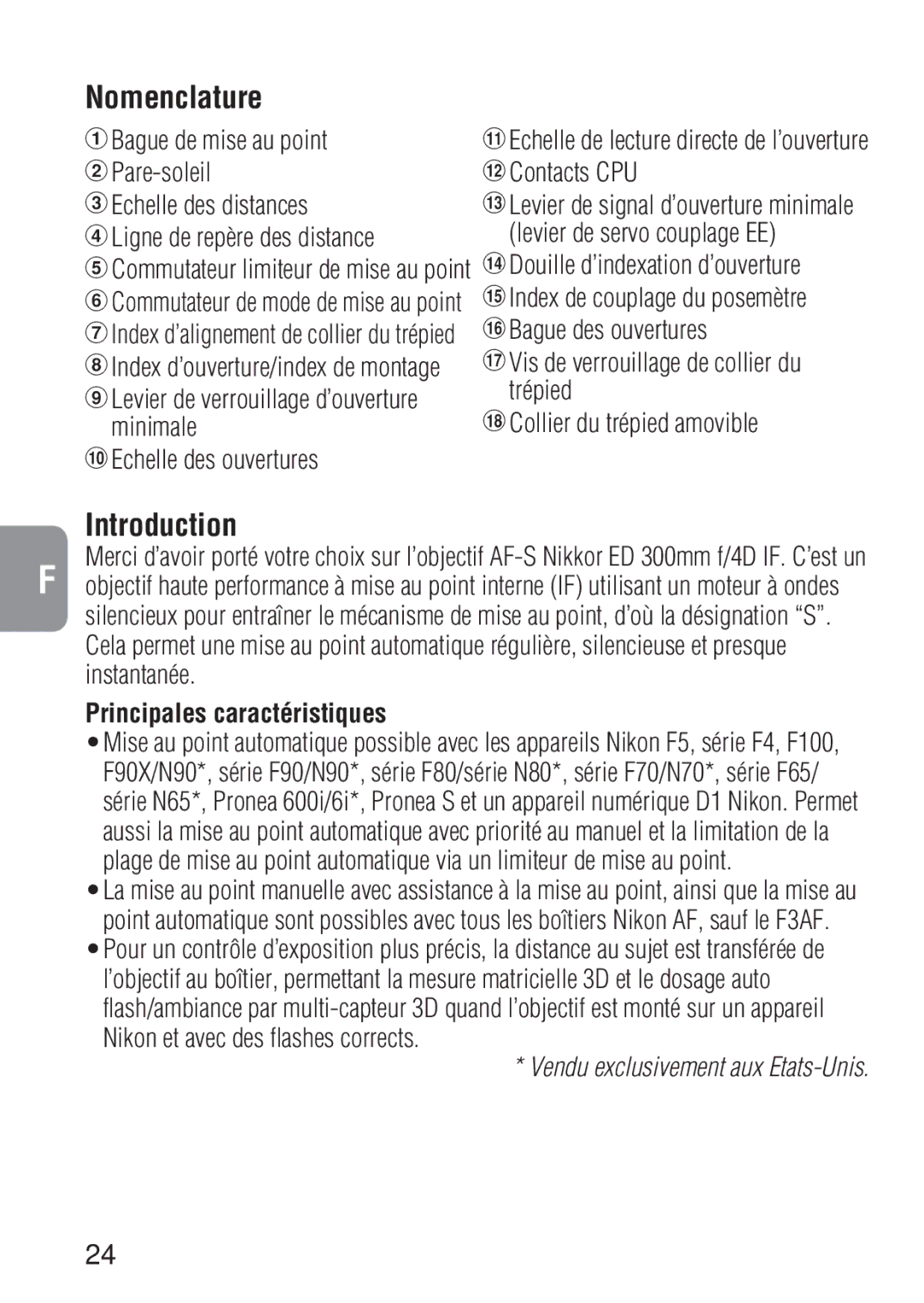 Nikon 1909 instruction manual Minimale Echelle des ouvertures, #Contacts CPU, Instantanée, Principales caractéristiques 