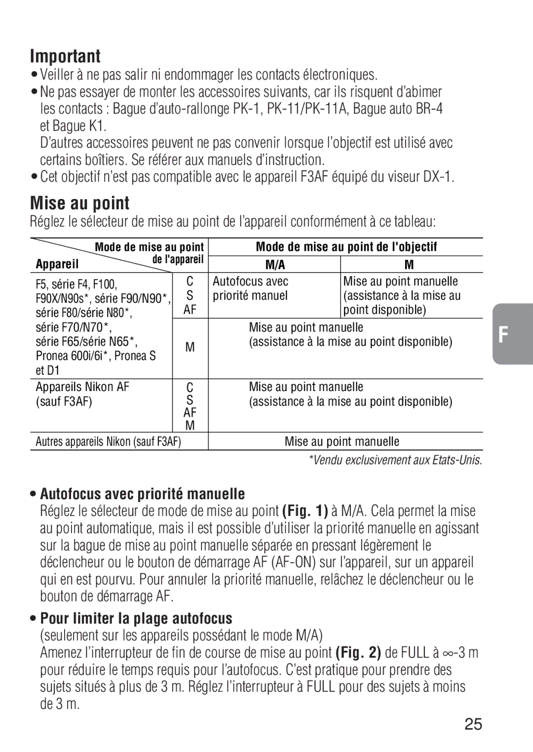 Nikon 1909 Mise au point, Autofocus avec priorité manuelle, Pour limiter la plage autofocus, Mode de mise au point 