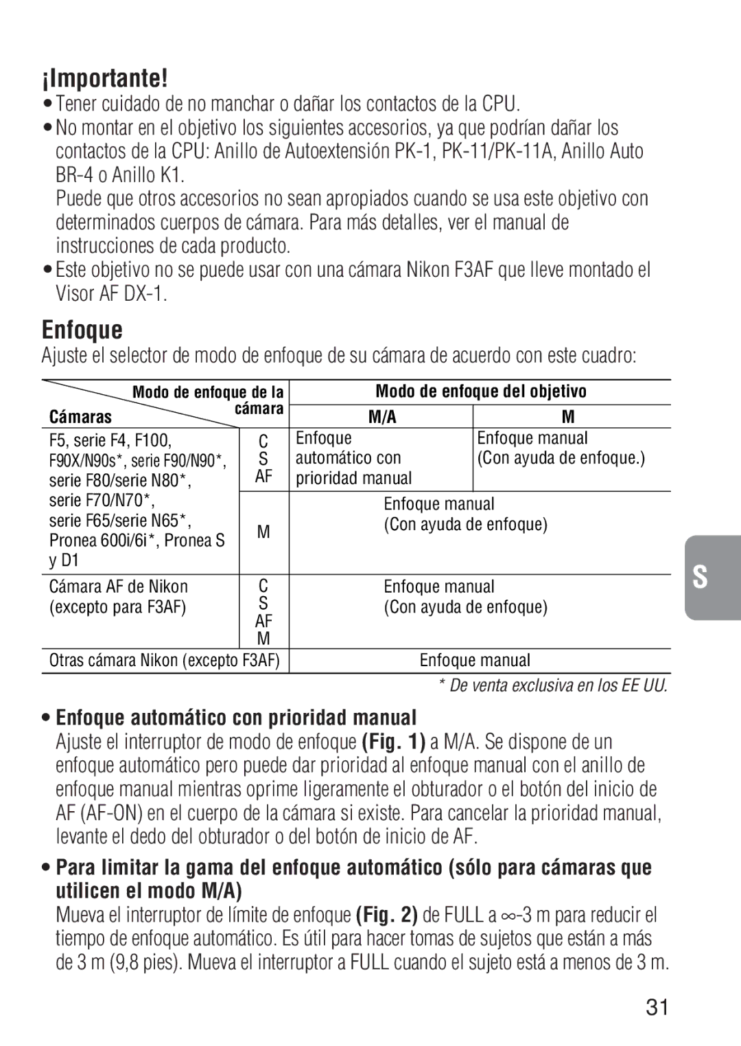 Nikon 1909 instruction manual ¡Importante, Enfoque automático con prioridad manual, Utilicen el modo M/A 