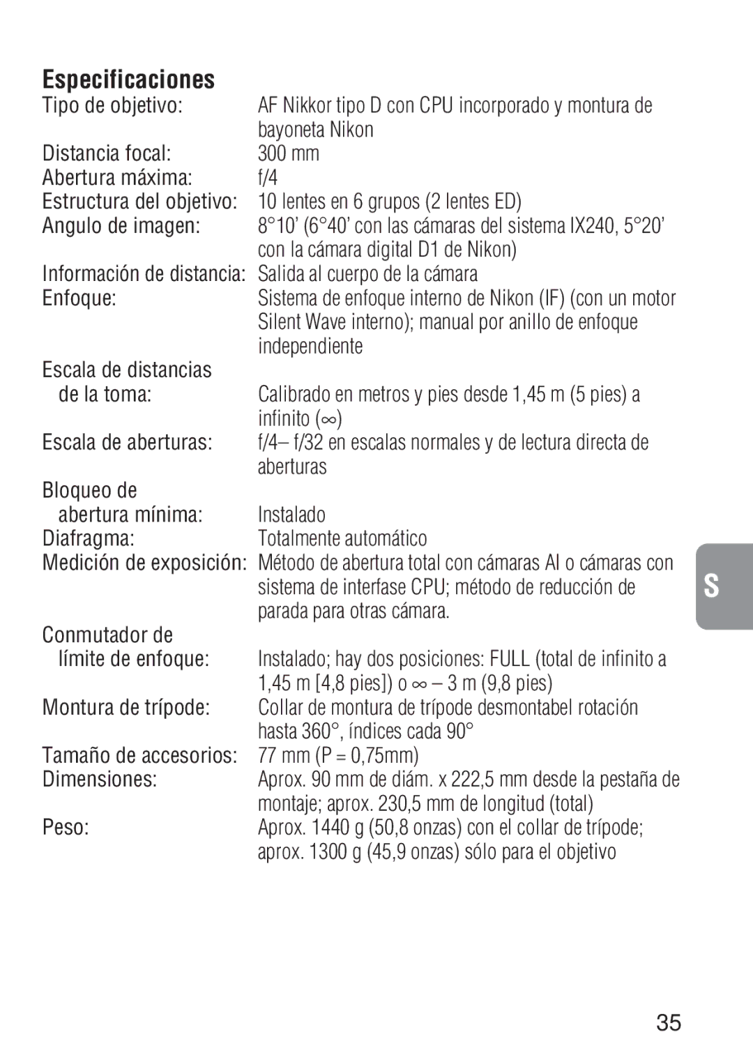 Nikon 1909 instruction manual Especificaciones 