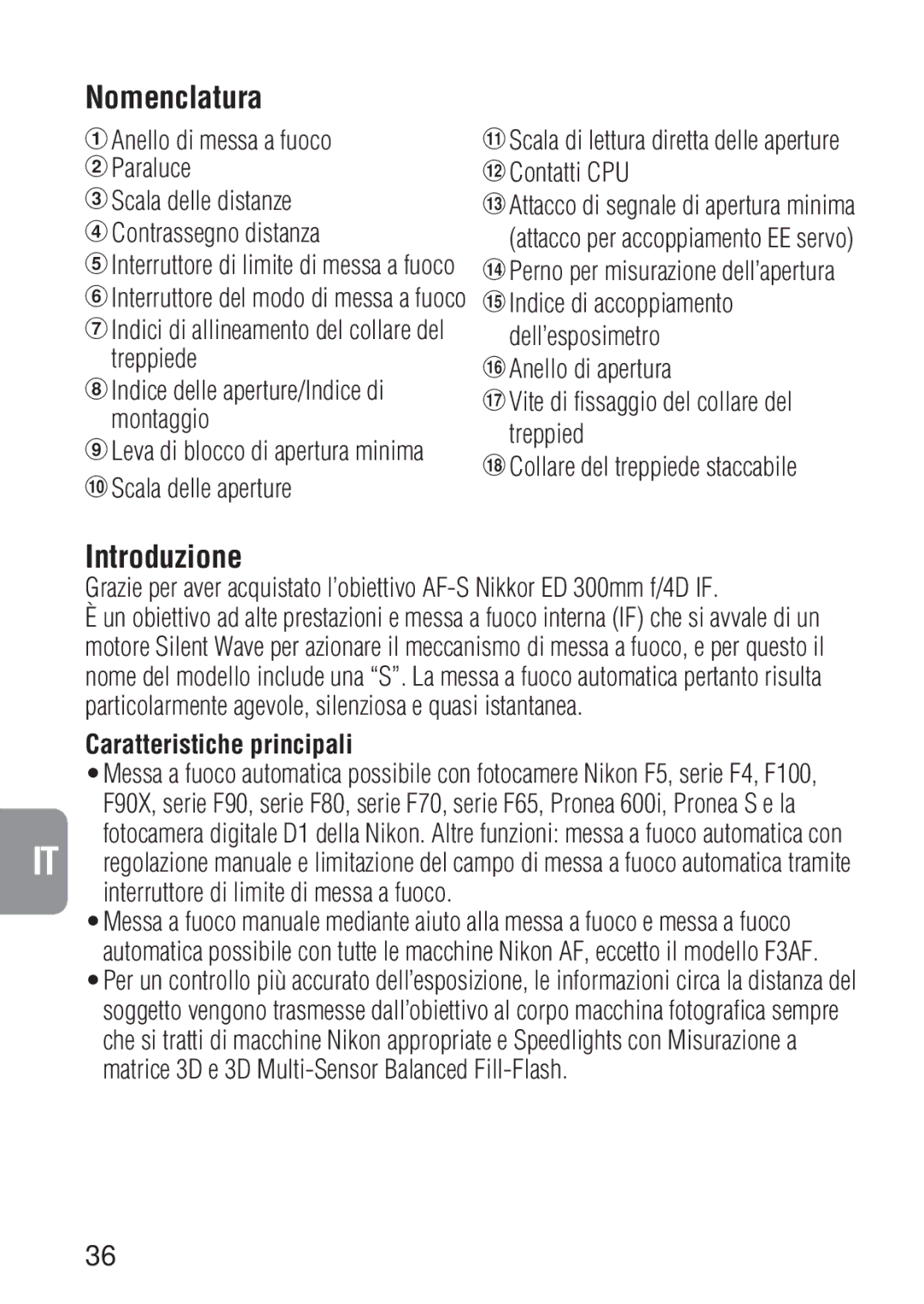 Nikon 1909 instruction manual Introduzione, Indici di allineamento del collare del treppiede, Caratteristiche principali 